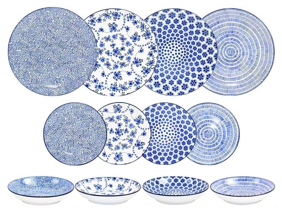 Vajilla de 12 piezas en azul armonía, cerámica, incluye platos, tazones y cucharas. Diseñado para: uso diario y ocasiones especiales.