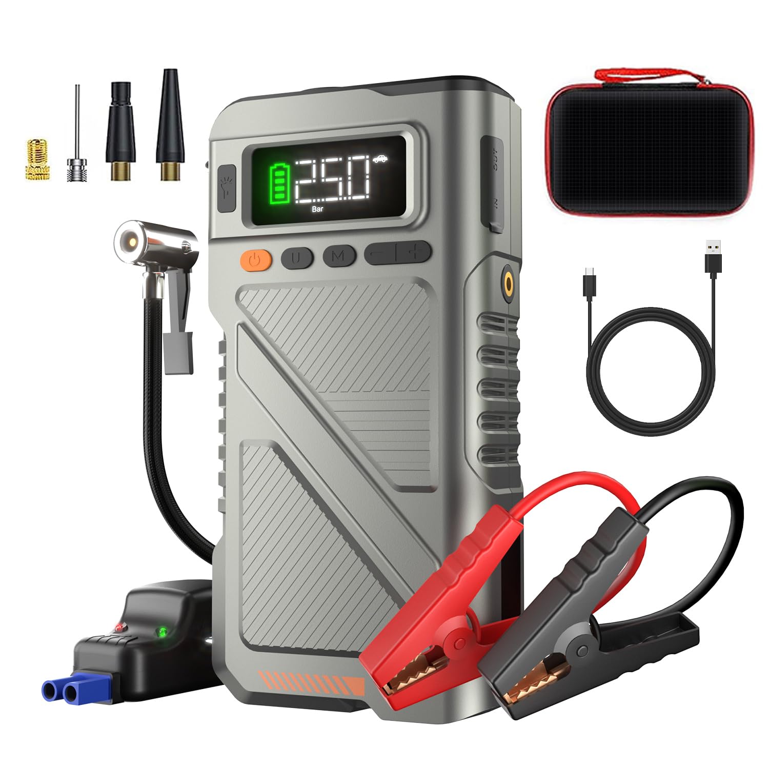 9000A Jump Starter with Air Compressor, Car Charger Portable Jump Box for Car with 150PSI Tire Inflator, Power Pack Jumpstart 12V Vehicle for All Gas/12L Diesel w/Extended Jumper Cable
