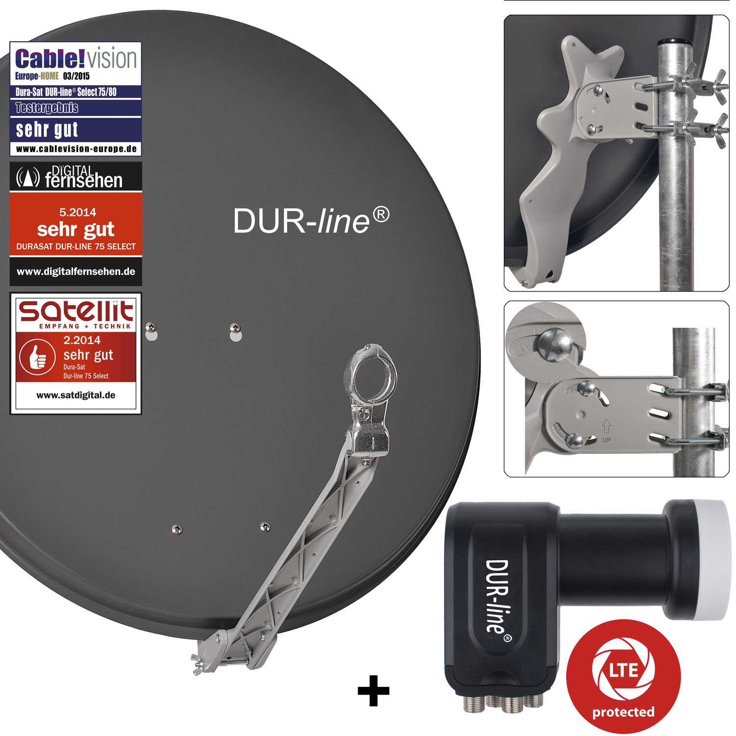 DUR-line Multischalter LNB Set - Qualitäts-Alu-Satelliten-Komplettanlage - Select 75/80cm Spiegel/Schüssel Anthrazit + Quattro LNB - für Multischalter [Neuste Technik, DVB-S2, 4K, 3D]