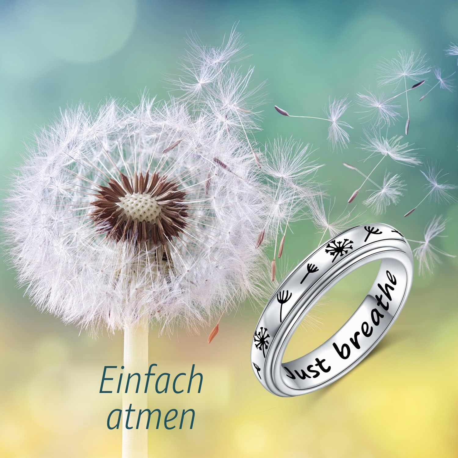 Flyow Weihnachtsgeschenke Just Breathe Spinner Ring für Damen Mädchen 925 Sterling Silber Löwenzahn Fidget Ringe für Angst Stress Relieving ADHD Autismus Ringe Inspirational Boho Band Ring