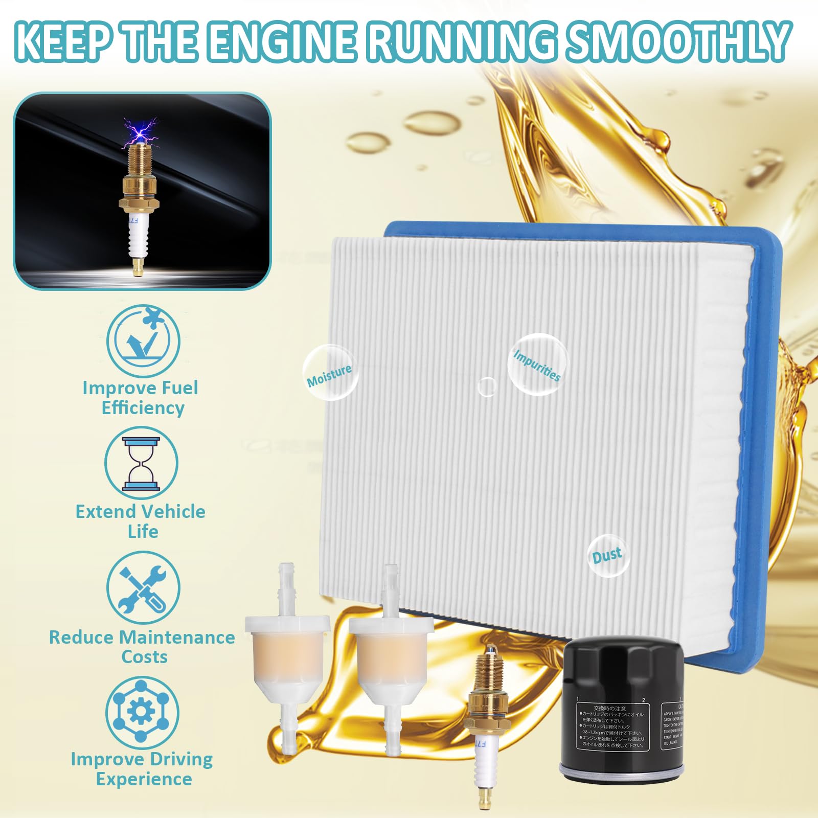 Golf Cart Tune Up Kit Compatible with Club Car DS Gas 1992-2004 with 1016478 Carburetor, 1016467 Oil Filter, 1025582 Air Filter, 1014523 Fuel Pump, AM116304 Fuel Filter and F7TC Spark Plug by Podoy