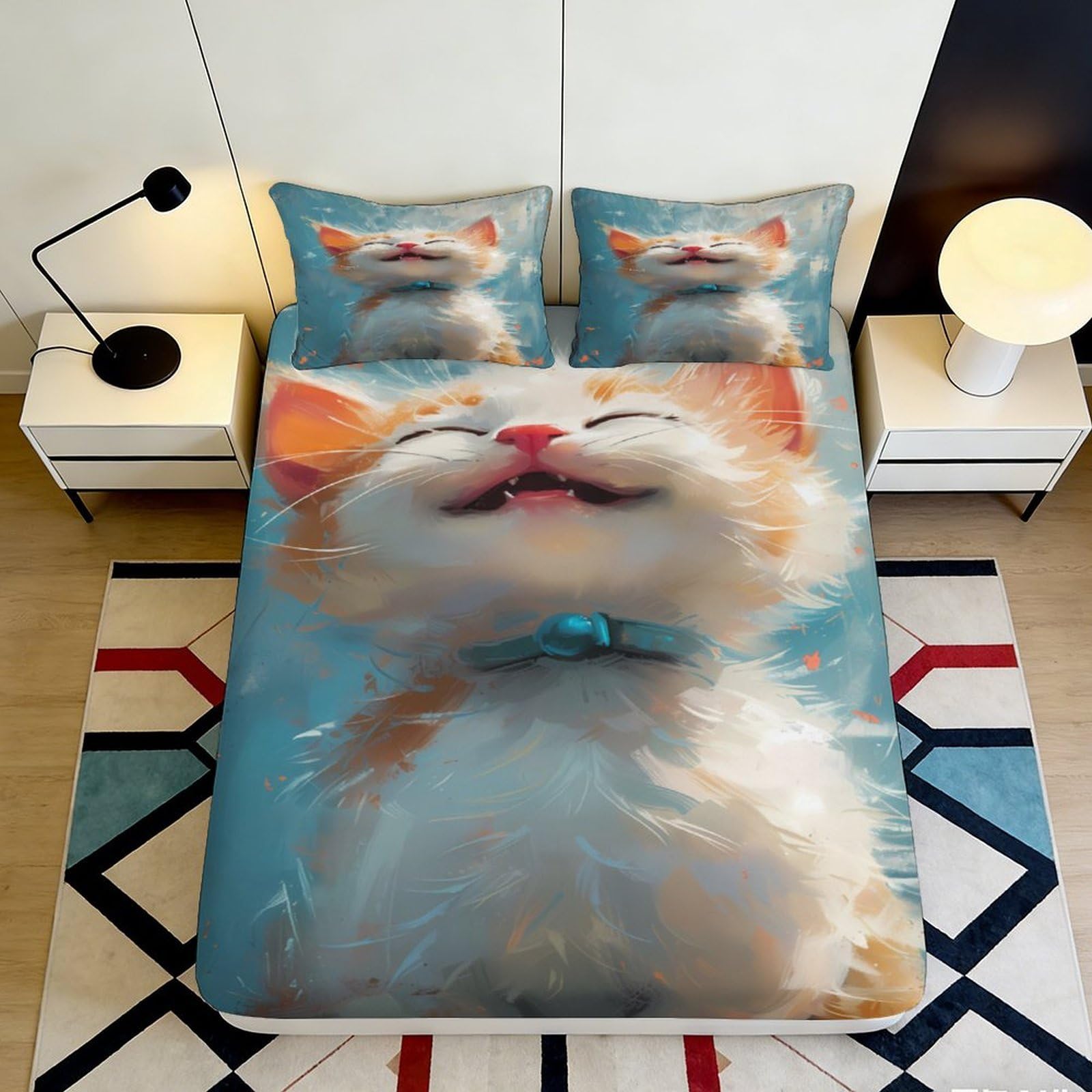 3D Printed Cute Cat Fitted Sheet Microfiber Soft Breathable Smiling Kitten Mattress Cover for Bedroom Decor 120x200x25cm