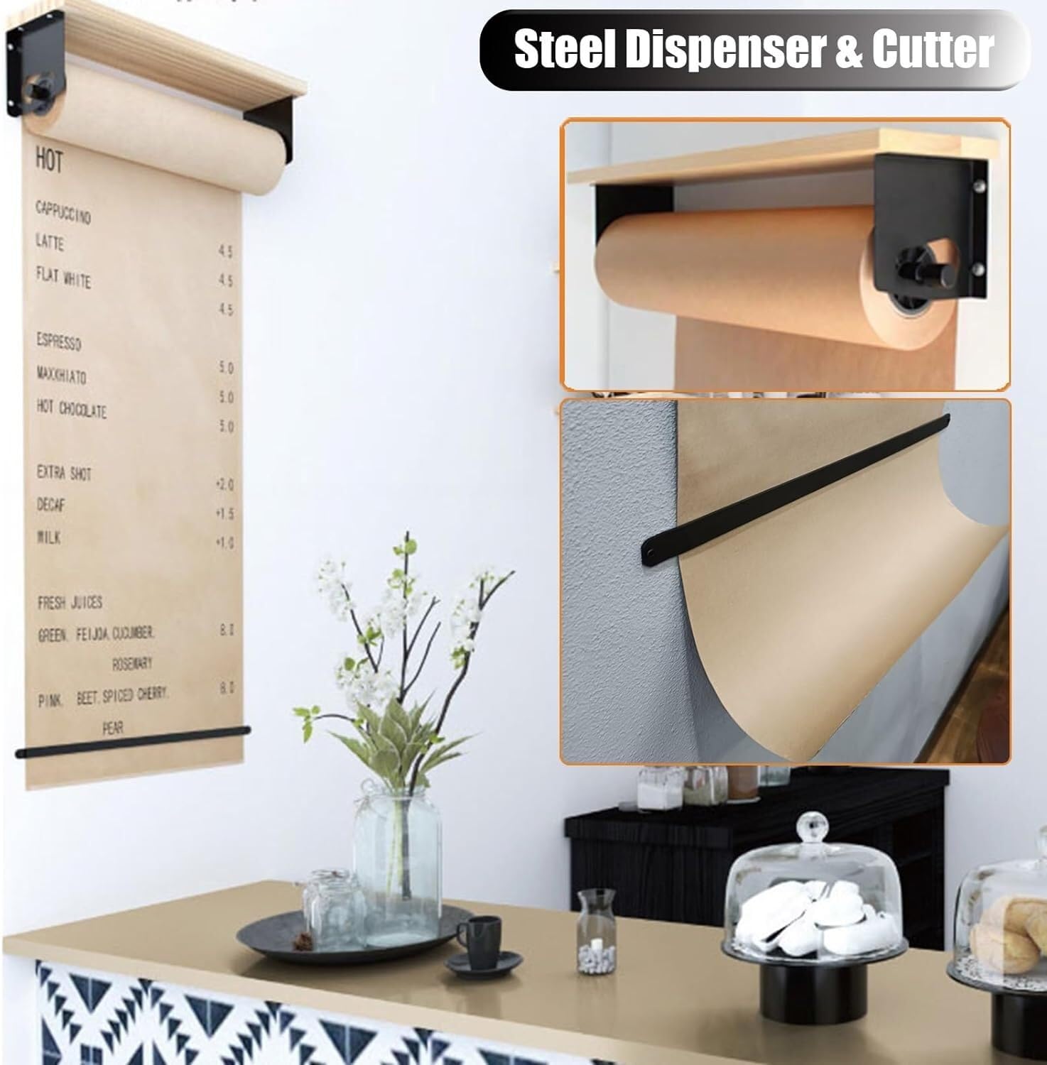 Metzger-Papierhalter und -schneider, Kraftpapierrollenspender mit 50 m Rolle, inklusive 130 cm Breite und Papier