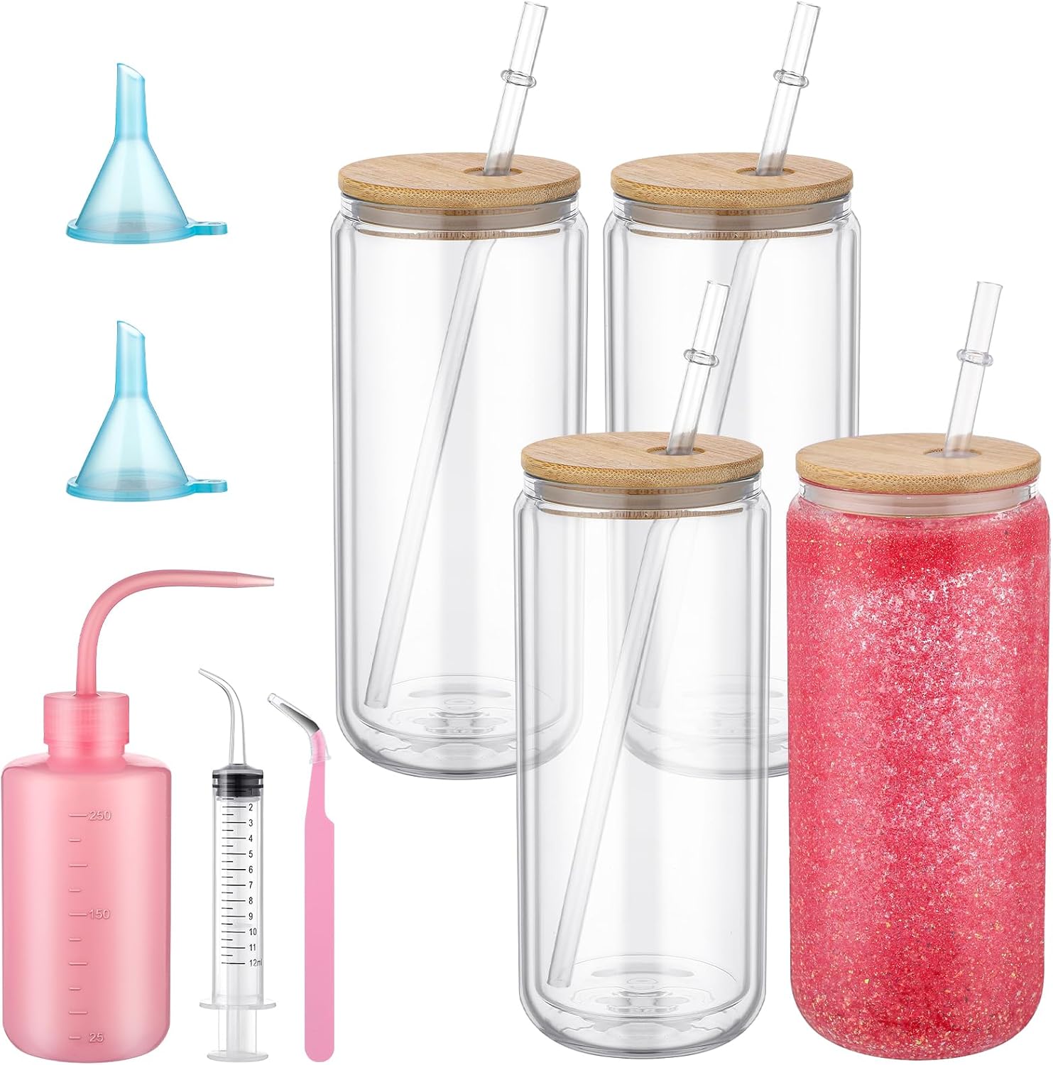 Skylety 4 Pack Snow Globe Tumbler Supplies for Glitter Snow Globe DIY Glass Cups Gift 16oz Pre Drilled Double Wall Cup with Lid and Straw Squeeze Bottle Funnel Tweezer Bent Syringe(Beige,Bamboo)