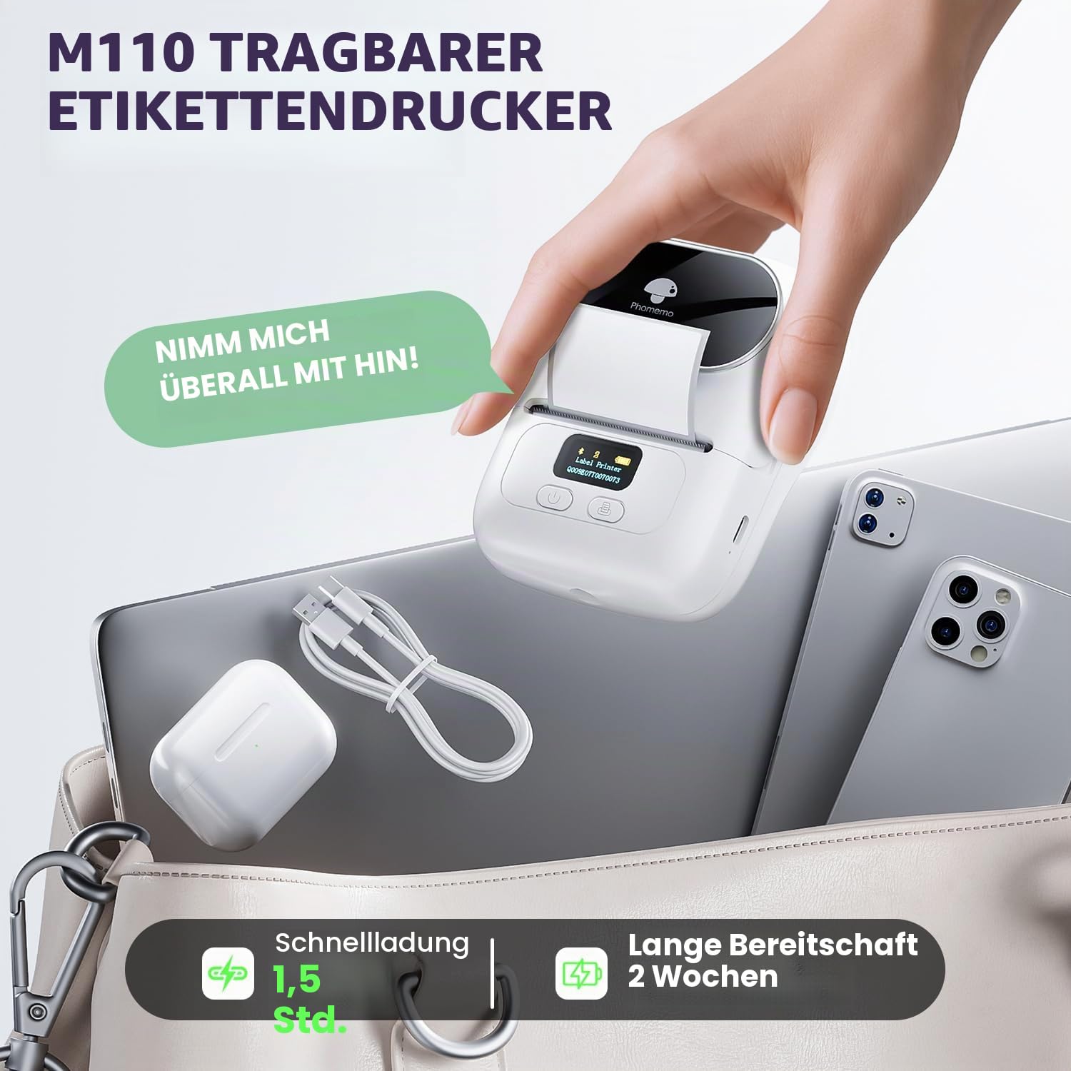Phomemo M110 Etikettendrucker, Bluetooth Beschriftungsgerät Selbstklebend