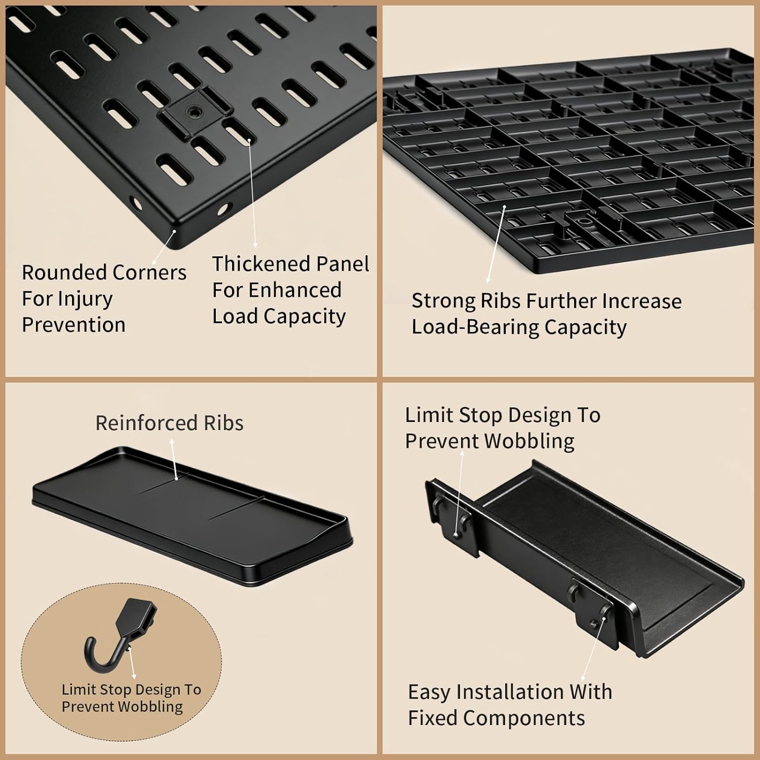 LBW Pegboard Wall Organizer, 6-Pack 11.8" × 11.8" Black ABS Peg Board Panels with 27 Accessories, Modular Plastic Pegboard Combination Kit for Home, Office, Garage, Tool Storage & Craft Room - Image 4