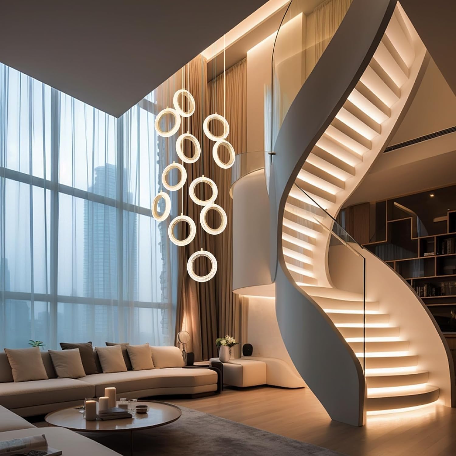 Kronleuchter Hohe Decke 12 Ringe Große Treppenhaus-Deckenbeleuchtung Einstellbar Goldene Moderne LED-Pendelleuchte Kristallfoyer Dimmbarer Deckenleuchter für Treppeneingang Wohnzimmer