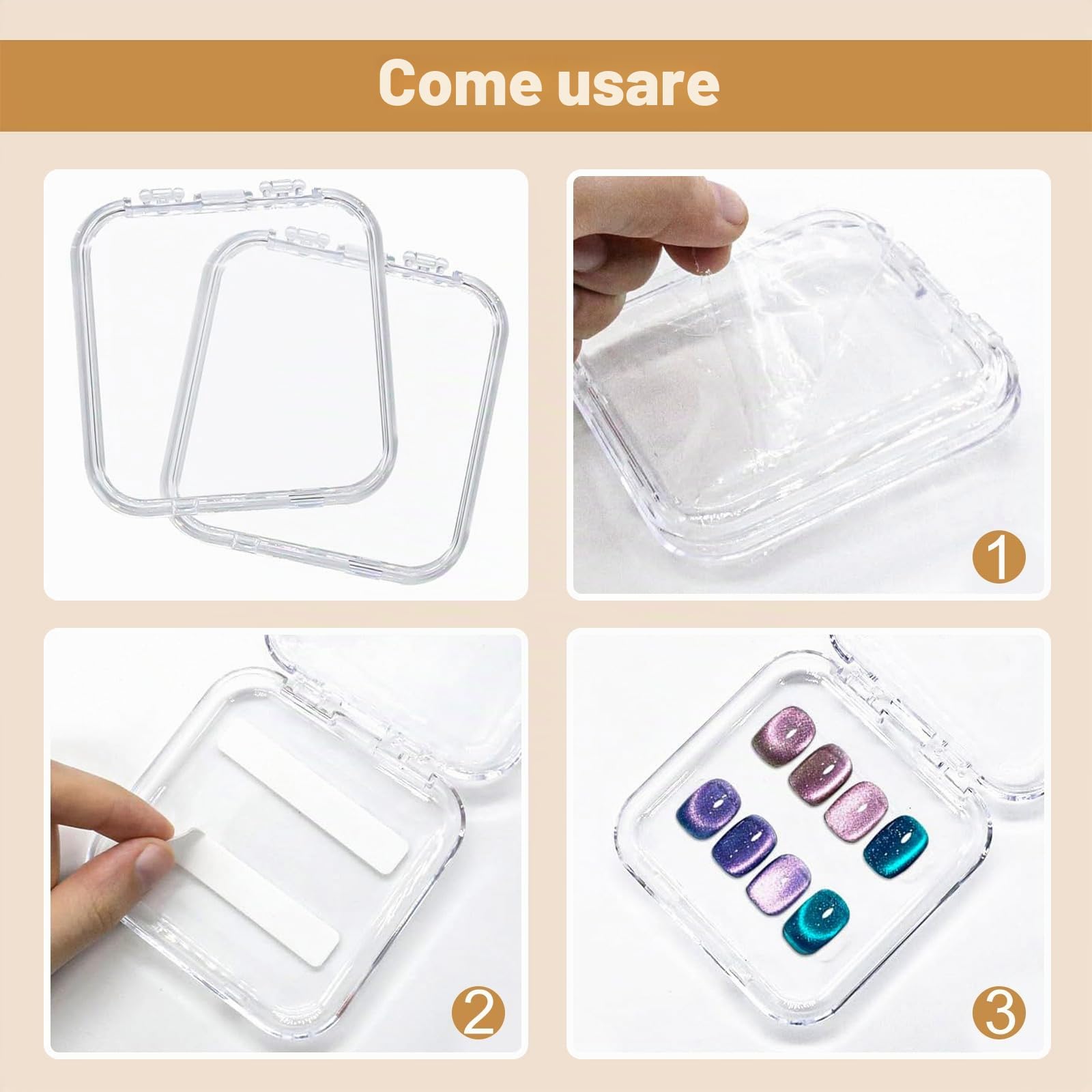 12 Pezzi Scatole Espositore Punte per Unghie (8.5 × 8.5 CM) 60 Pezzi Nastro Biadesivo 1 Grande Scatole Imballaggio Kit Supporto Trasparente Espositori Unghie Finte per Press on Nail Business