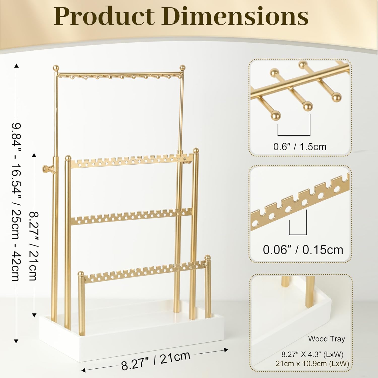 Tirzah 3-Tier Adjustable Earring Necklace Holder Organizer Stand, Gold Jewelry Display Tree with 105 Slots, 10 Double-Sided Hooks, White Tray for Women, Girls - Image 3