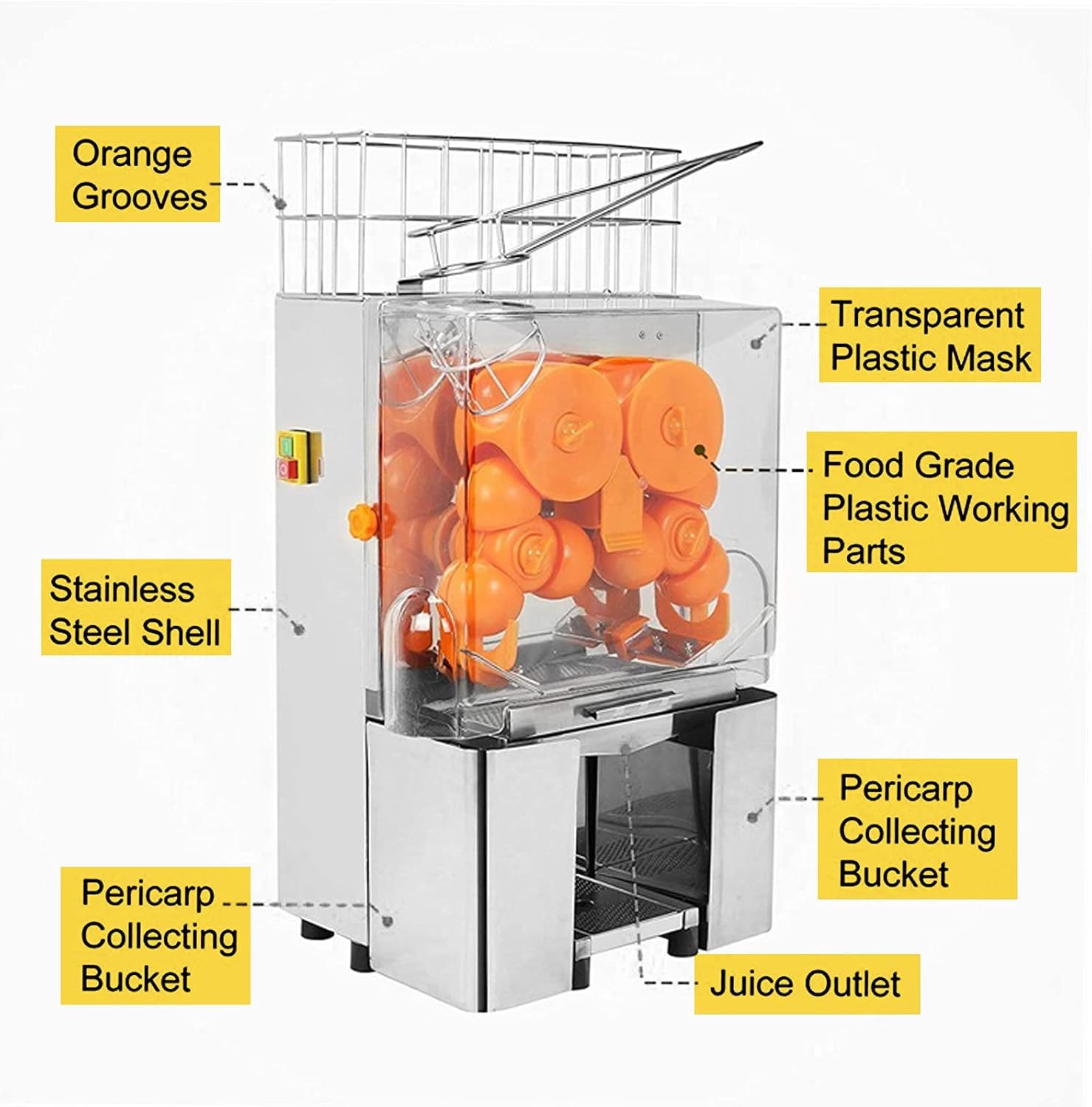 KOALALKO Commercial Orange Juicer Machine Orange Squeezer 120W Automatic Juice Extractor with Pull-Out Filter Box PC Cover 2 Peel Collecting Buckets (120W)