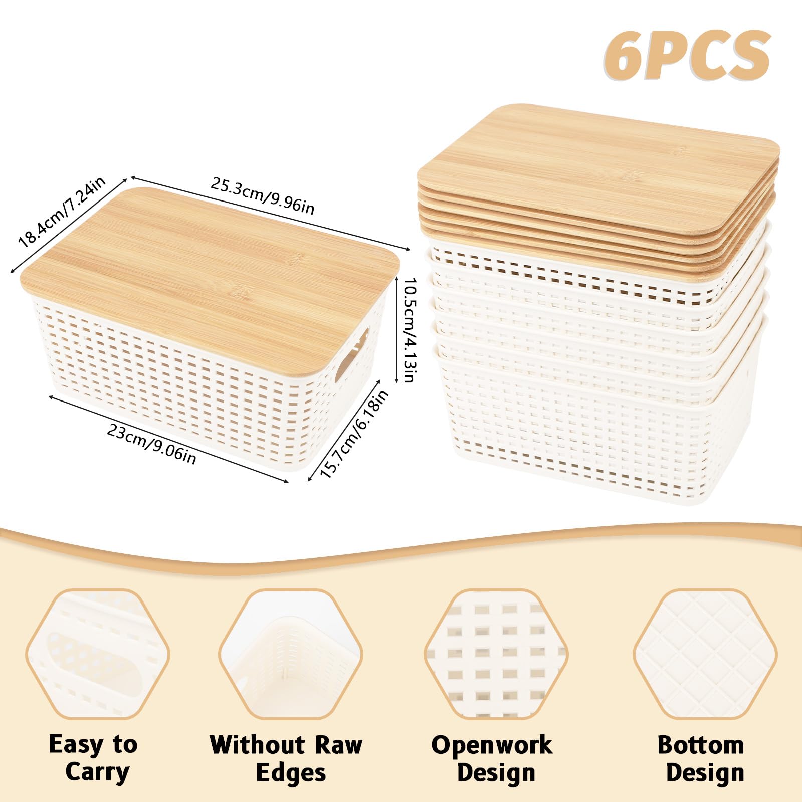 GAESHOW Juego de 6 cestas de almacenamiento de plástico con tapa de bambú, cajas de almacenamiento con asas, apilables para ahorrar espacio, color blanco, para baño, cocina, oficina y armarios