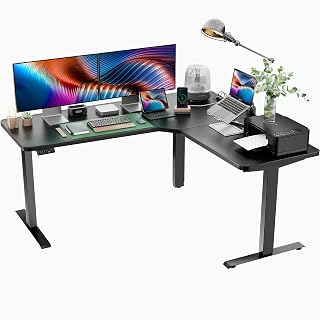 Totnz L Shaped Electric Standing Desk Adjustable Height with 4-in 1 Electical Outlet, 63x55 Inch Standing Desk with Headphone Hook, Stand up Desk for Home Office Sturdy Writing Workstation Black