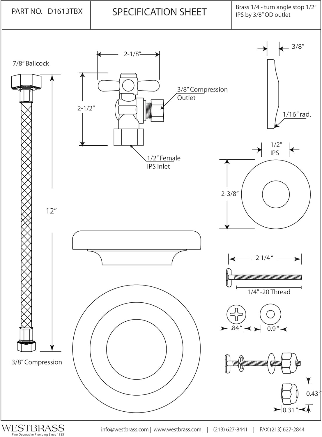 Westbrass 1/2" IPS Cross Handle Angle Stop Toilet Installation Kit with Steel Supply Line, Polished Chrome, D1613TBX-26