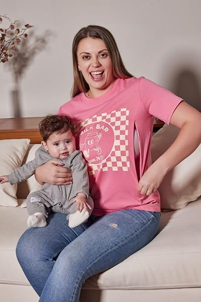 Giftifymama Stillshirt Damen Kurzen mit Reißverschluss Umstandsmode zum Stillen T-Shirts für Schwangere Stilltops Sommer - 4