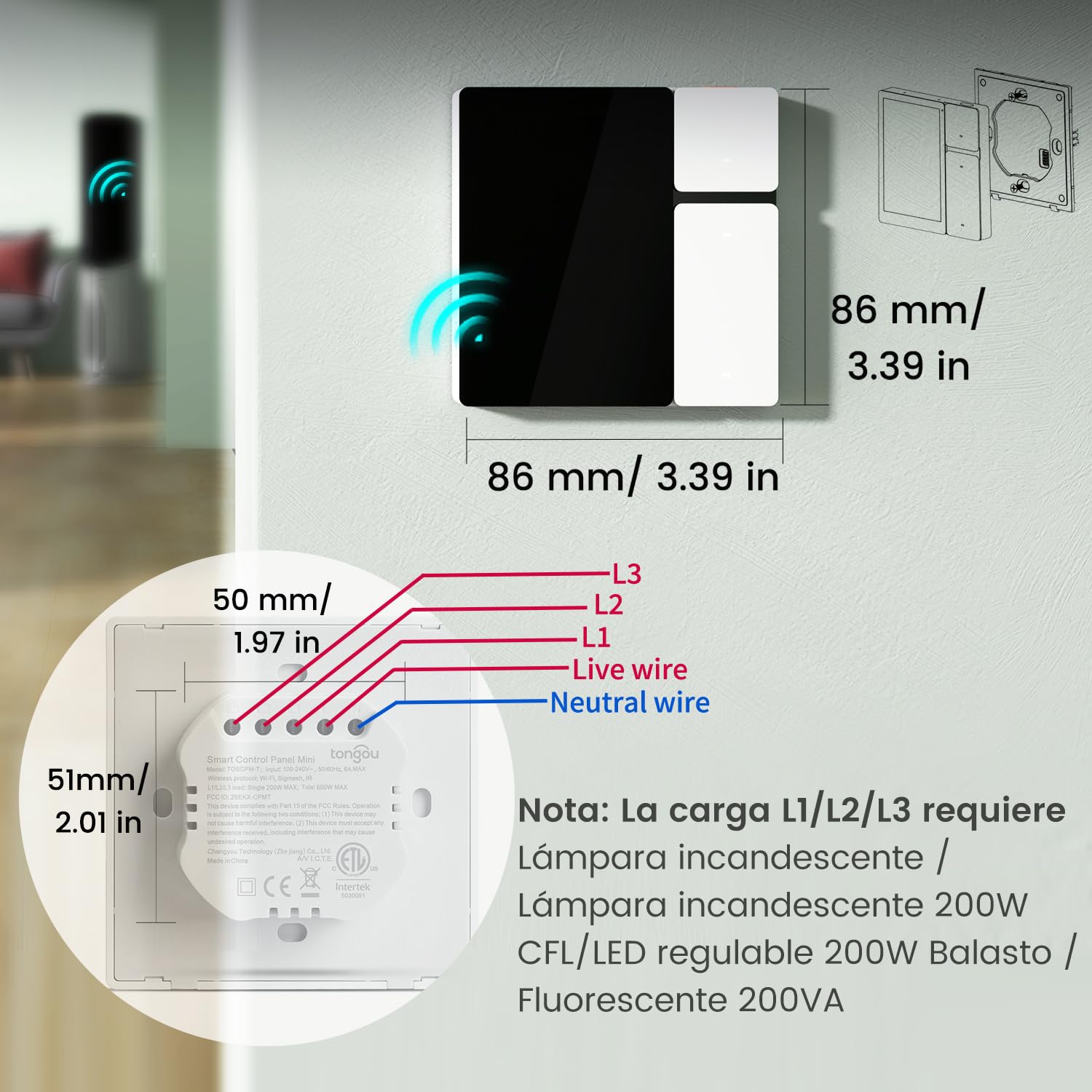TONGOU Smart Home Panel Control 3.5 pulgadas, Conexión WLAN,BLE Mesh Hub,IR,Smart Life/Tuya App,tres botones físicos,tres canales de relé