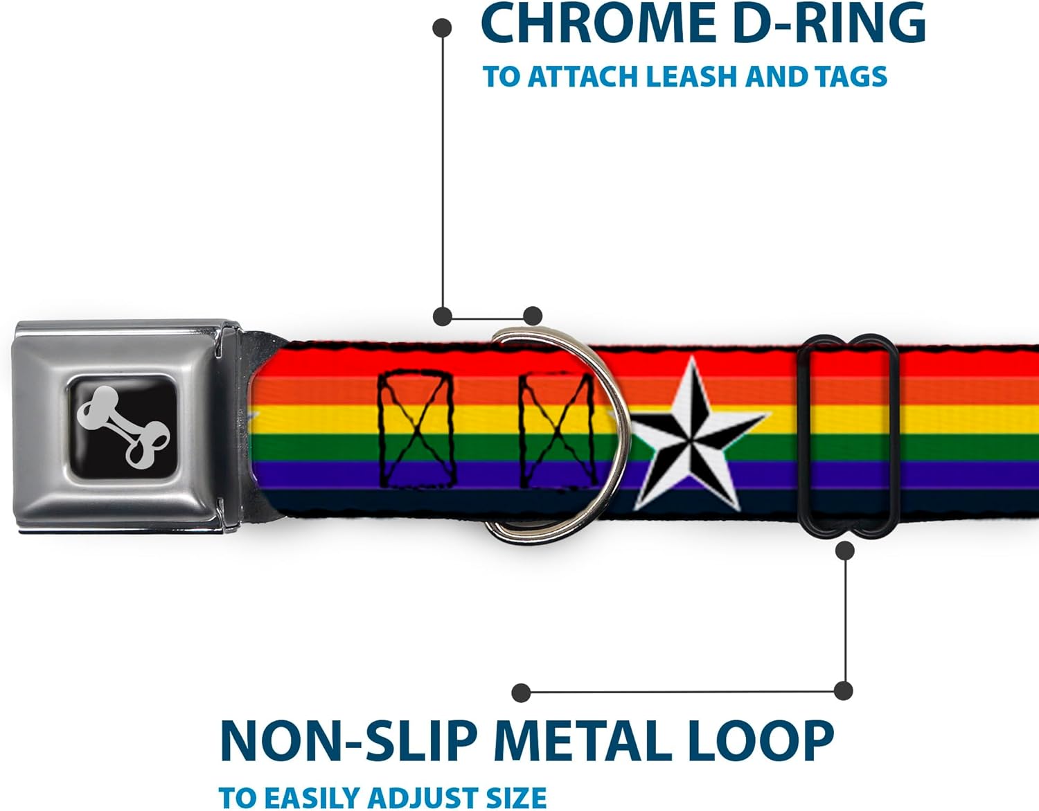 Dog Collar Seatbelt Buckle Nautical Star Rainbow White Black 15 to 26 Inches 1.0 Inch Wide