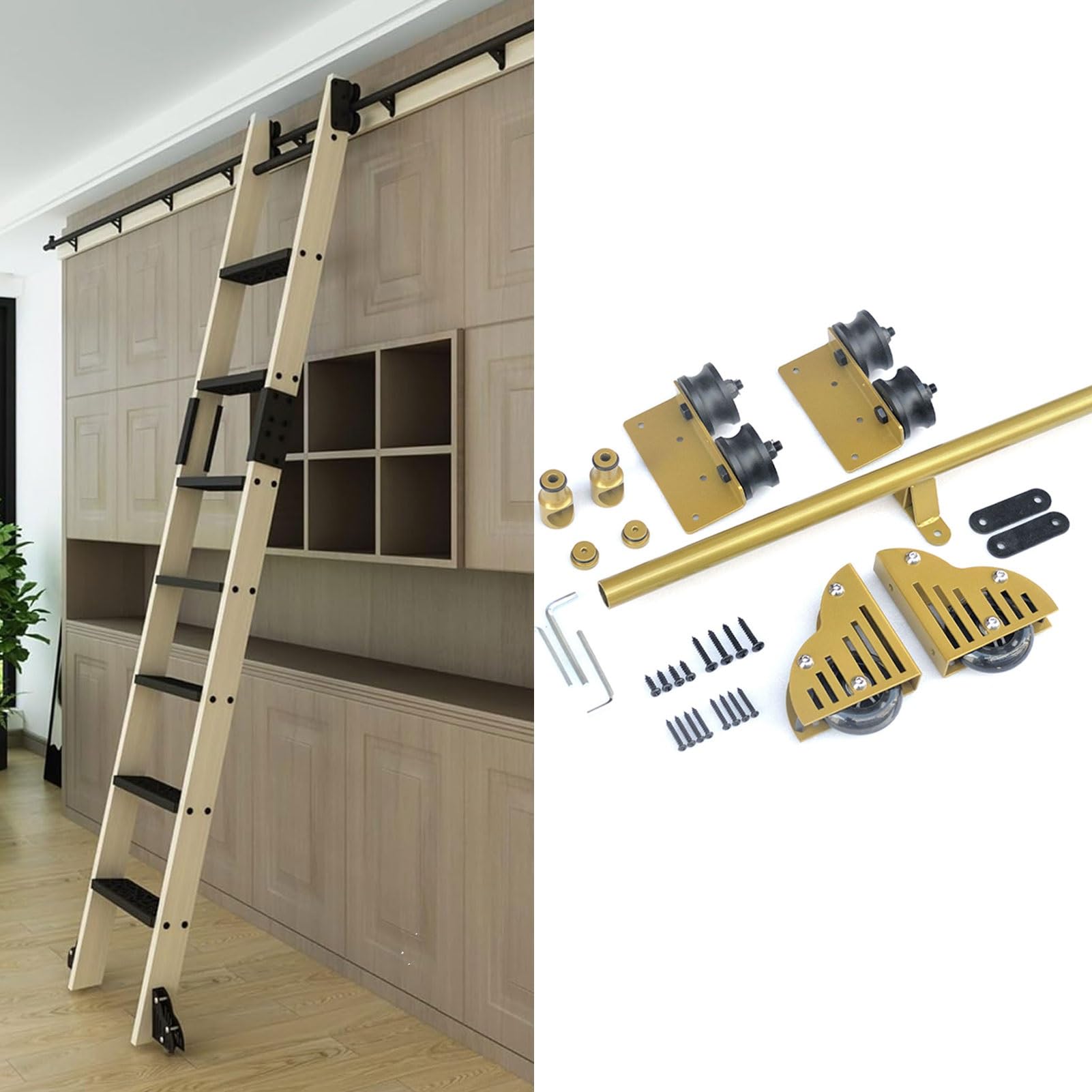 MRVAKDYDI Retractable Rolling Library Ladder Rails Kit, Sliding Library Ladder Kit, Heavy Duty Steel Rail, PU Silent Brake Wheels, Multisize(19.7ft/600cm Track kit)