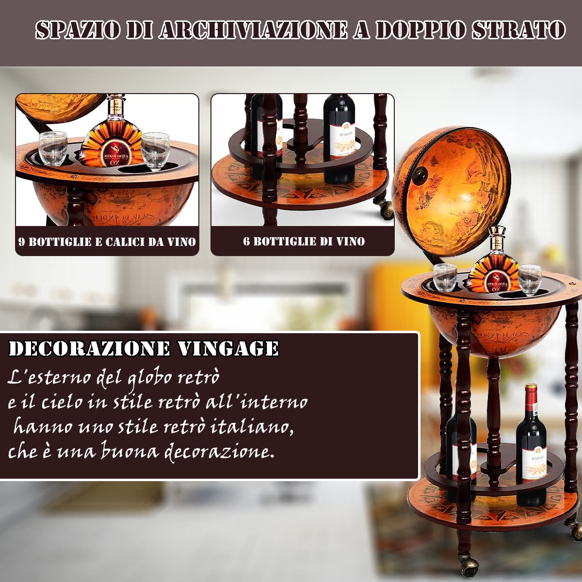RELAX4LIFE Carrello da Bar con Globo, Tavolo da Bar a 2 livelli in Legno di Eucalipto Naturale, Mobile da Bar in Stile Vintage con Ruote Girevoli per Vini e Liquori