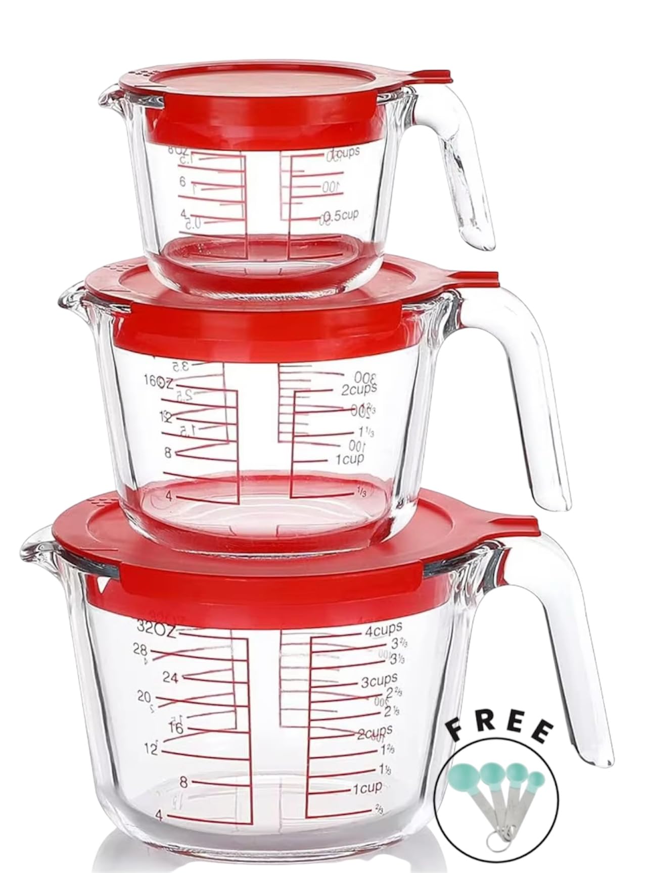 Home & Treat 6 Copas Medidoras de Cristal de Medición con 3 Tapas, Capacidad y Escala, 1 Taza/250 ml, 2 Tazas/500 ml, 4 Tazas/1000 ml, Jarras Medidoras Transparentes con Tapa y Asa para Cocina