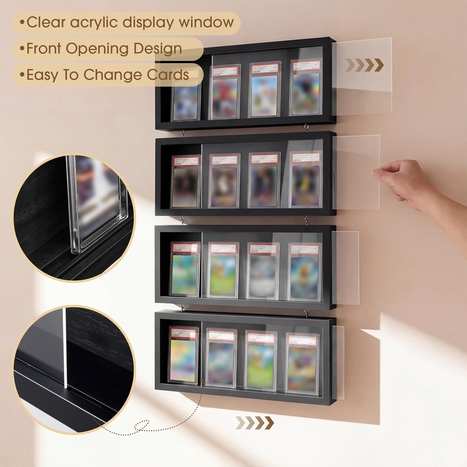 Yinkin Graded Sports Card Display Case 4 Pack Trading Card Display Frame Wall Mount UV Protection Pine Wood Baseball Basketball Football Hockey Cards Shelf with Clear View for Collection Room Decor