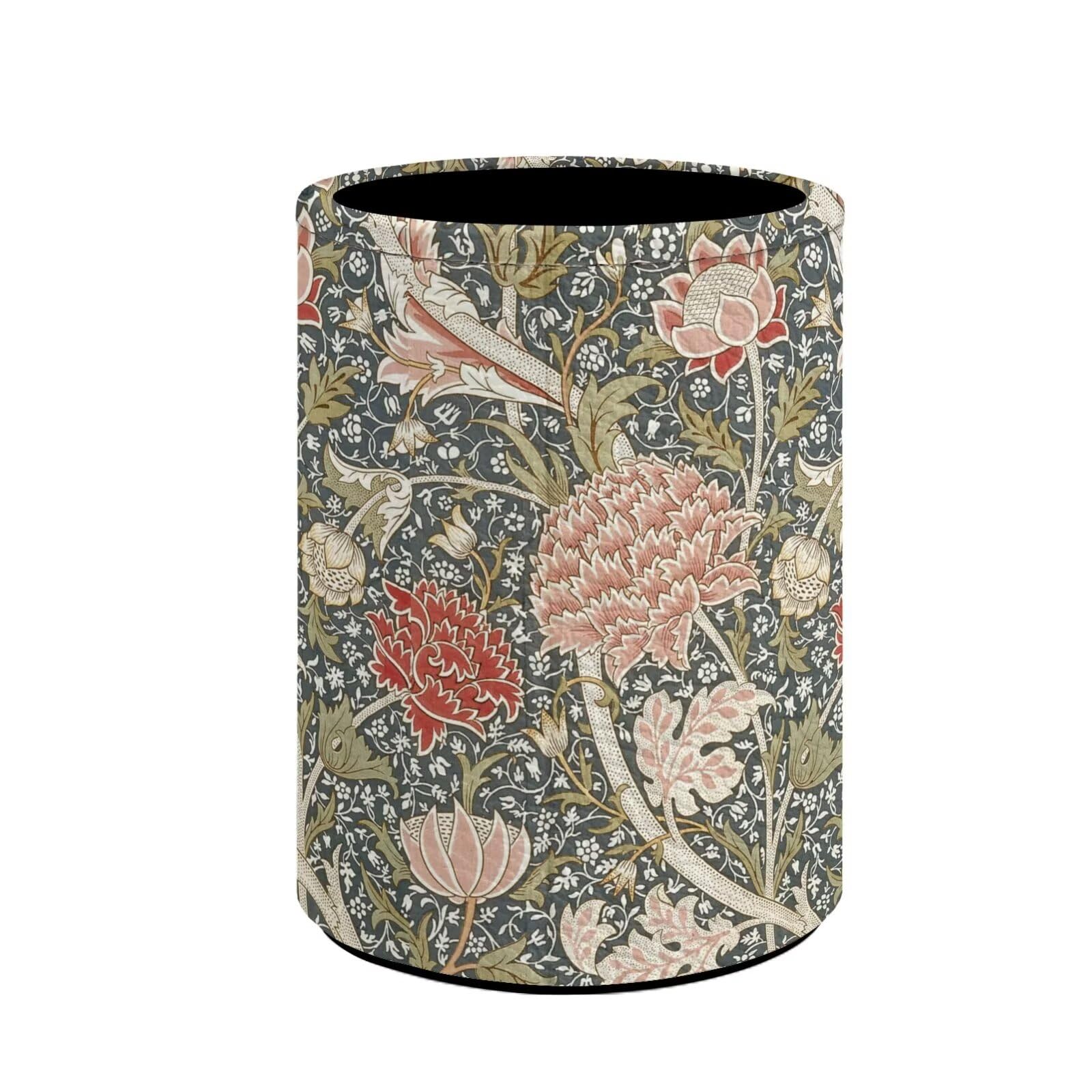 Buxolandt Red Pink Flower Leaf Print Pencil Holder Pen Cup PU Leather Brush Scissor Holder Container Desk Organizer Stand Decor Decoration Office Desk Home School Supplies (7.6 x 10.3 cm)
