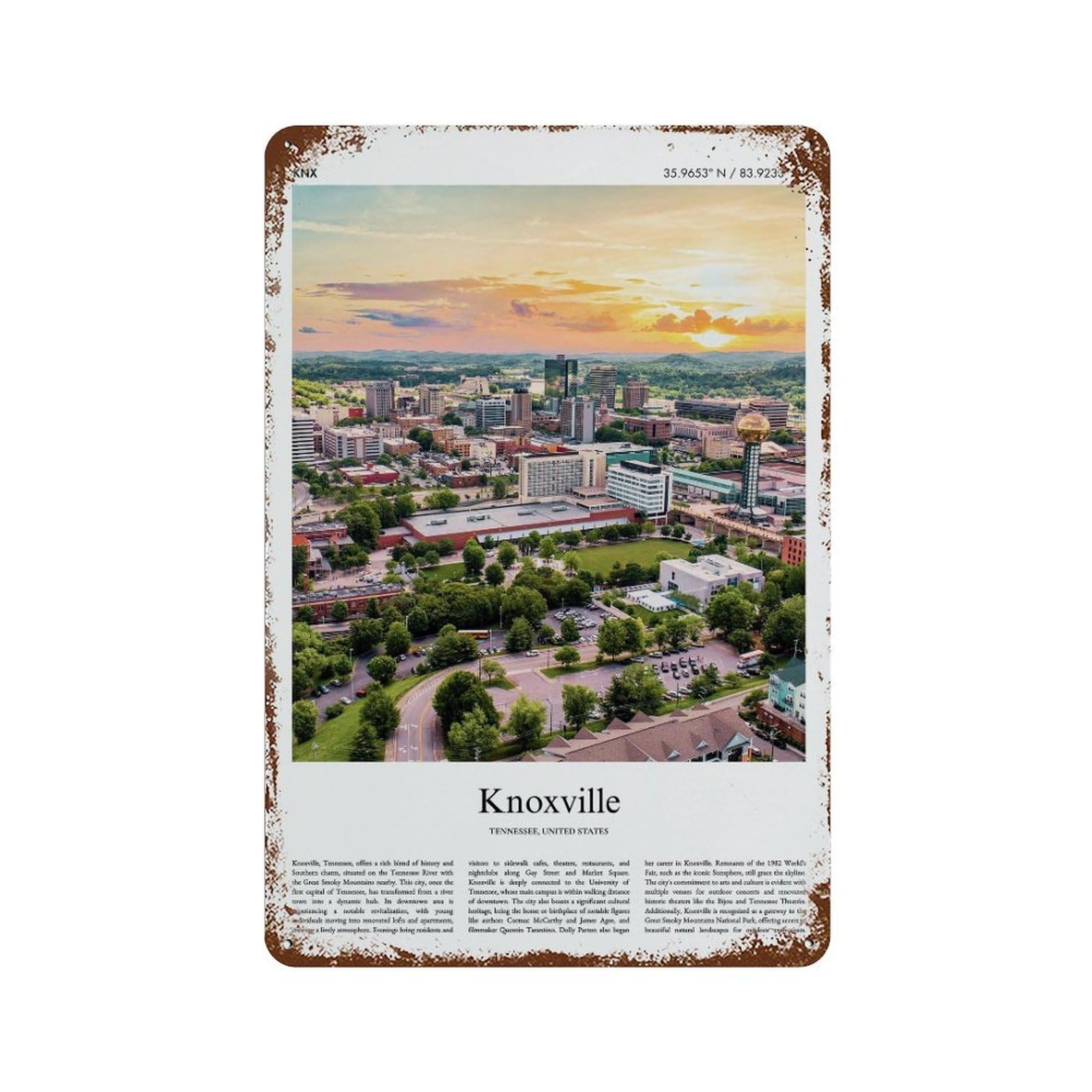 xiaoxiaoshen Knoxville Tennessee, United States, USA City Scenery Wall Decor Art Metal Tin Poster Modern Home Decor Art Home Bar Shop Decorations Vintage Sign 30x20cm