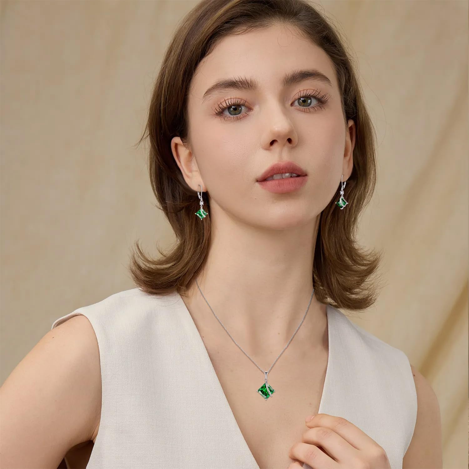 Square Princess Cut Necklace and Earrings Set 925 Sterling Silver Solitaire Emerald Jewelry Set for Women May Birthstone Jewelry for Mom Wife