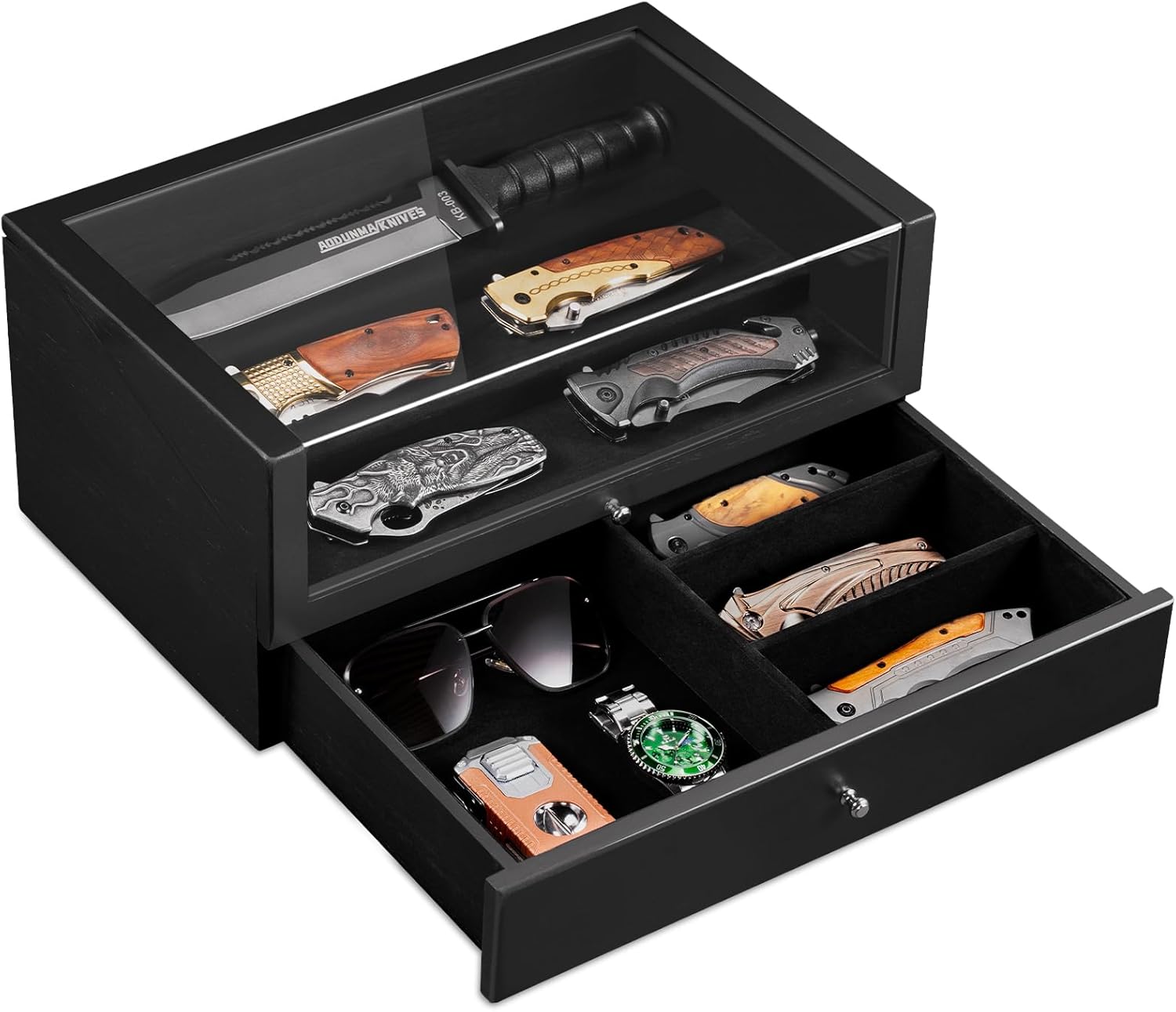 Emfogo Pocket Knife Display Case for 15–20 Folding Knives, Knife Collection Case with Transparent Lid & Large Storage Drawer, Solid Wood Knife Organizer Storage Box Gift for Men (Black)