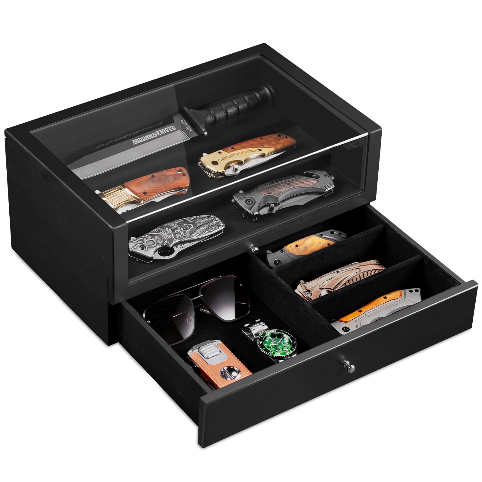 Coffret Poignard Bois, 2 Étages 3 Rangées Boîte Présentation Poignard avec Tiroir et Couvercle Transparent, Doublure Velours, Présentoir à Couteaux pour Collection, Cadeau (Noir)
