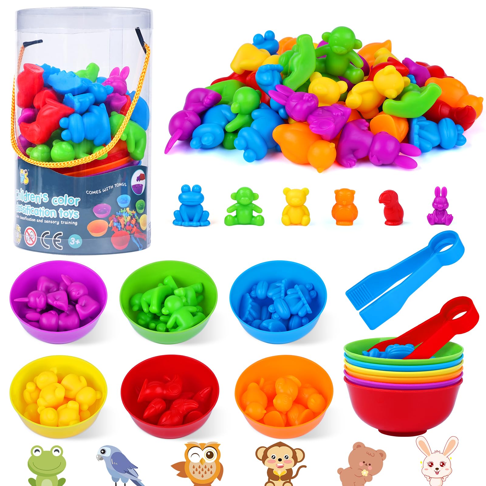 BBLIKE Montessori Education Set: Kids Animal Sorting Toy with Bowl, Tweezers & Color Sorting Math Toys for 2-6 Year Olds