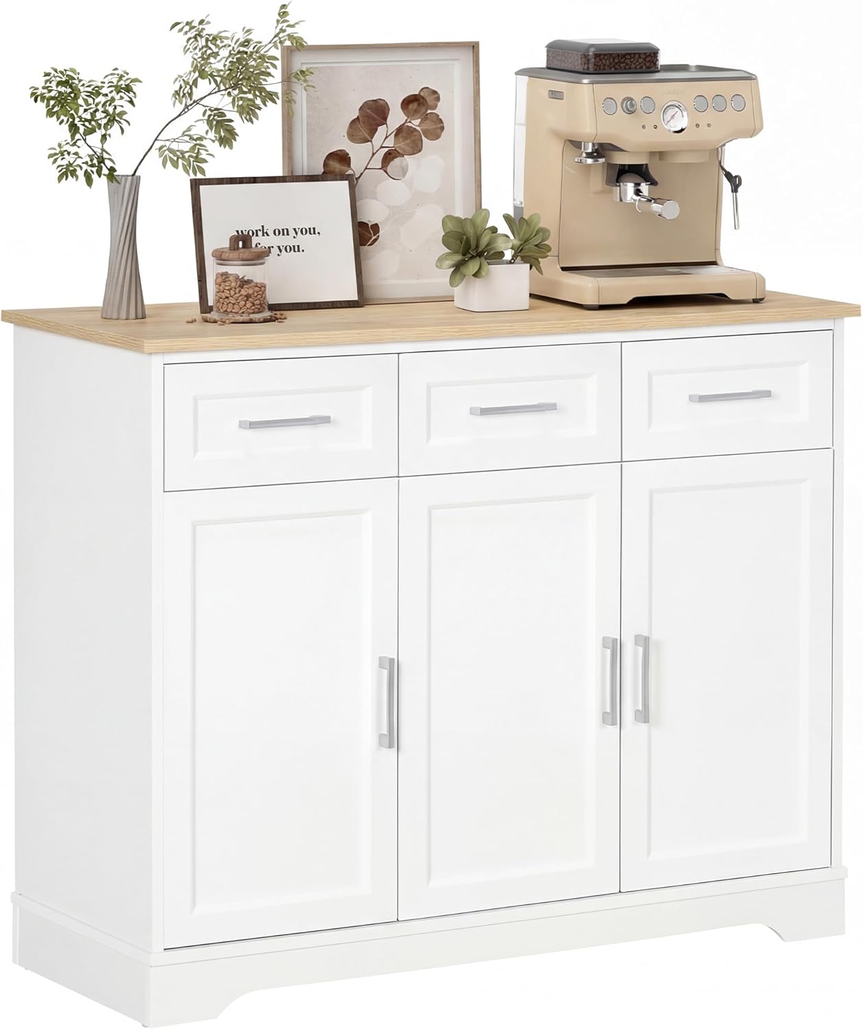 HOMCOM Sideboard Buffet Cabinet with 3 Storage Drawers, Kitchen Cabinet Coffee Bar with Adjustable Shelf for Living Room, White