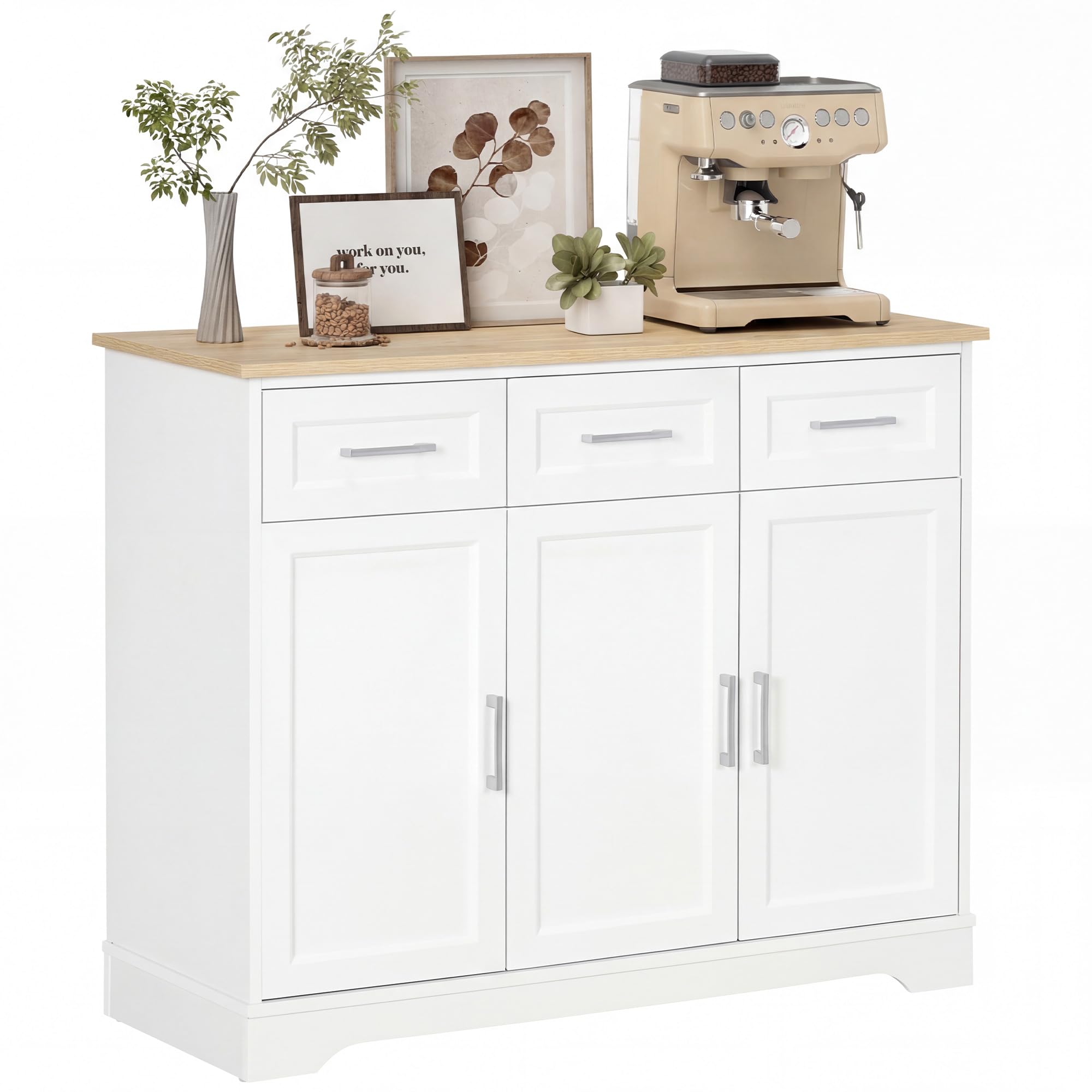 Sideboard Buffet Cabinet with 3 Storage Drawers, Kitchen Cabinet Coffee Bar with Adjustable Shelf for Living Room, White