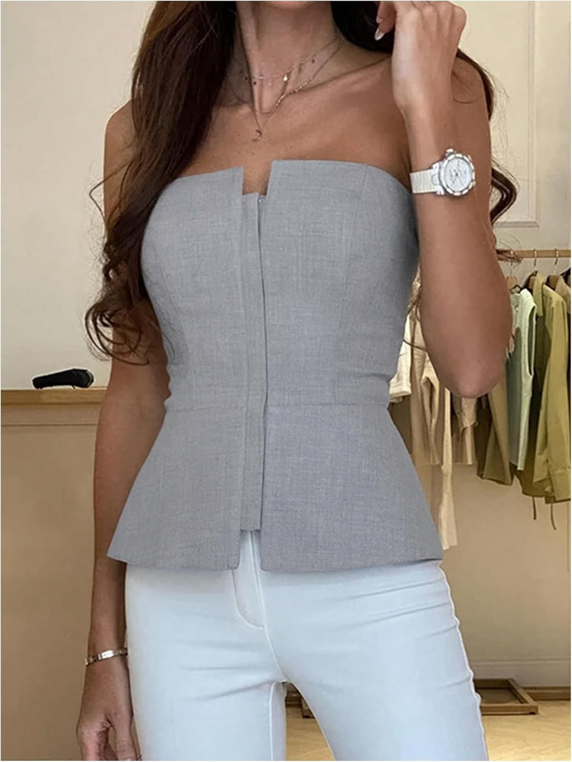 MakeMeChic Women's Summer Tube Tops Strapless Zipper Front Blouse Office Dressy Shirt - Image 2