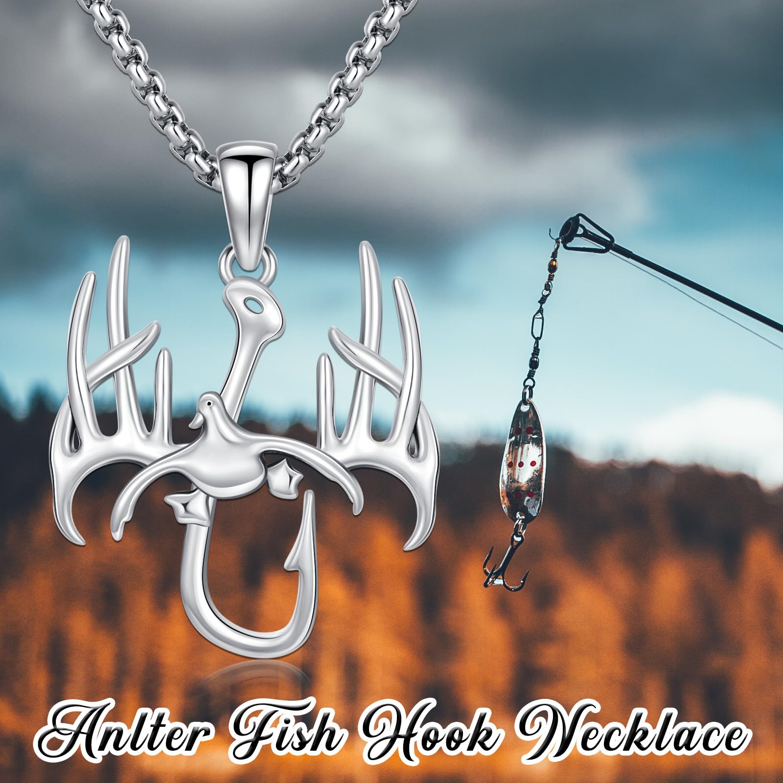 PROESS Collana da uomo con ciondolo a forma di anatra in argento sterling 925 con ciondolo a forma di corno con gancio da pesca gioielli da caccia regali per padre