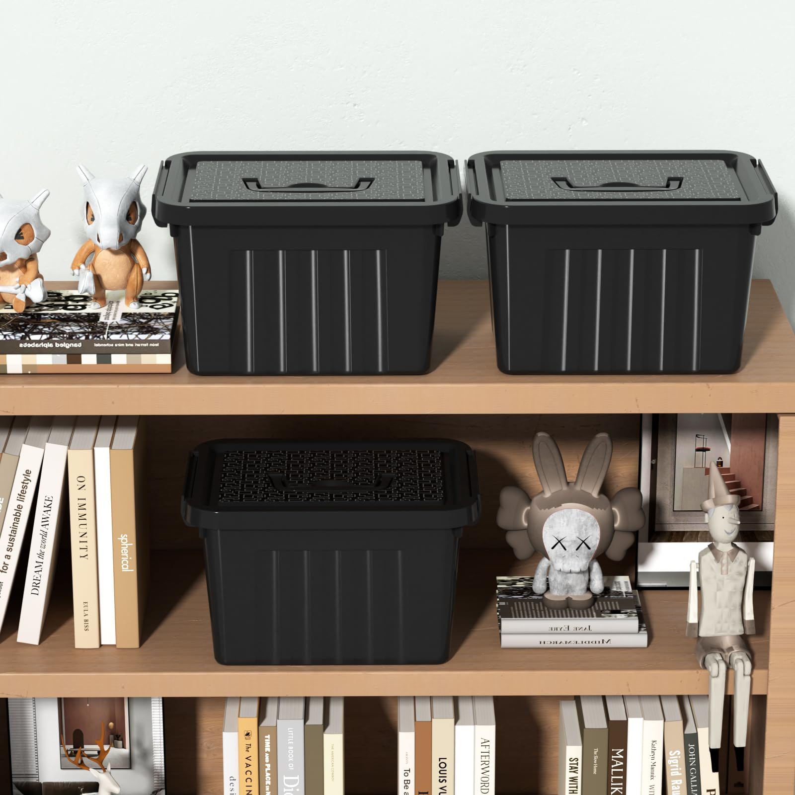 Contenedor de plástico negro de 6 cuartos de galón con asa, paquete de 6 | Cajas pequeñas de plástico con tapa