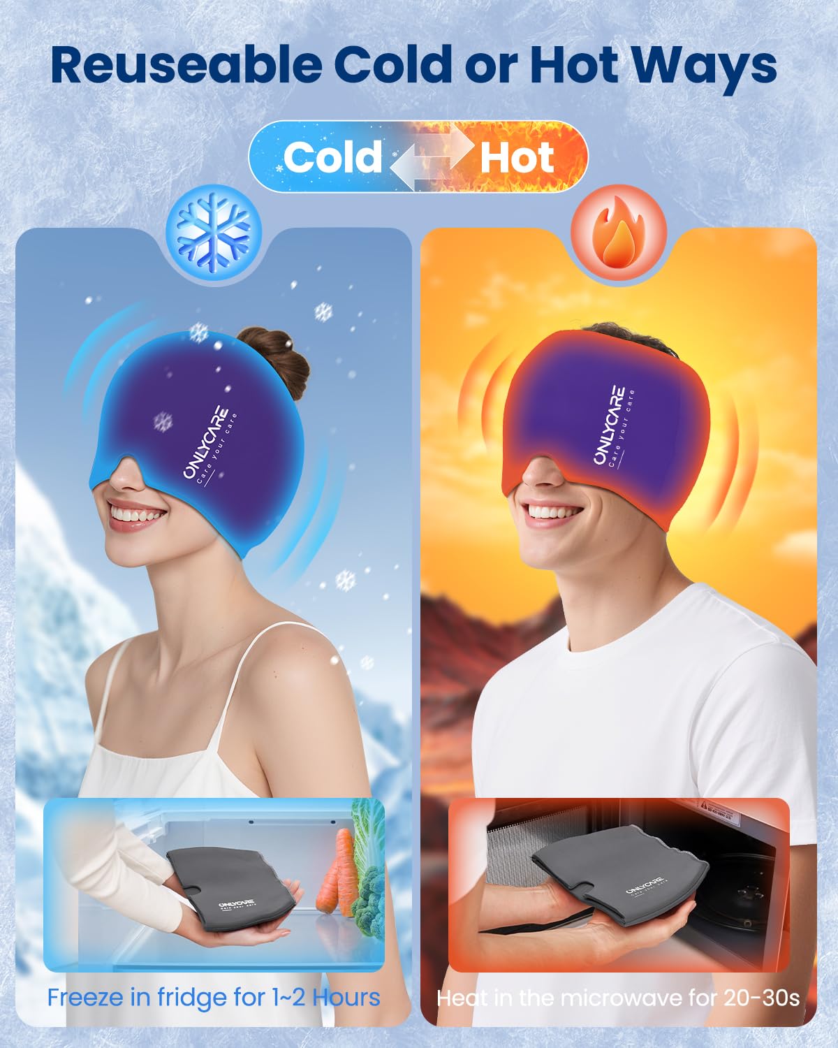 ONLYCARE Gorro de alivio de migraña, gorro mejorado para aliviar el dolor de cabeza con envoltura de gel reutilizable sin olor, máscara de hielo facial calmante con terapia de frío y calor para la