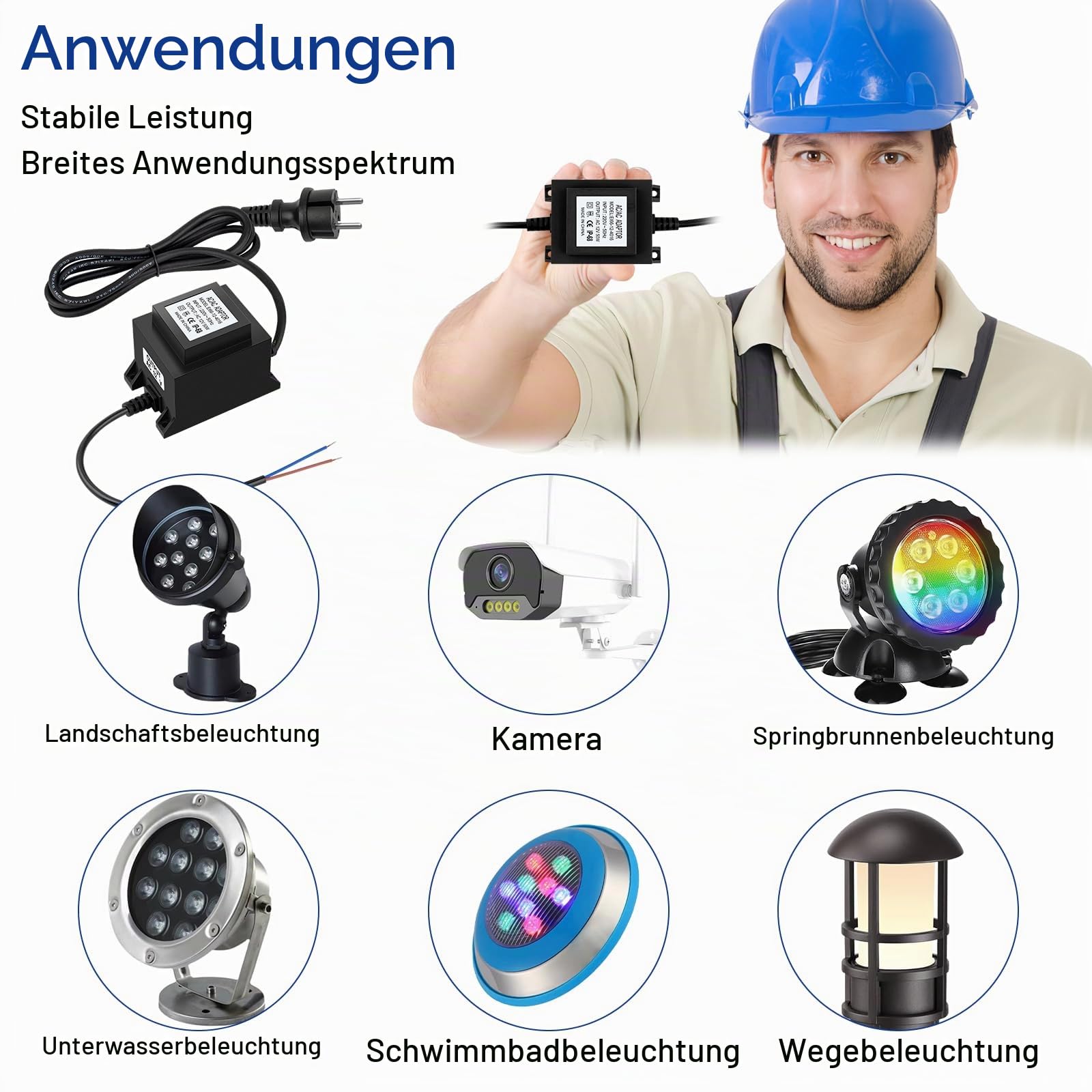 LED Trafo 12V Netzteil AC/AC 50W 4A, Außen Stecker Netzteil Transformator IP68 für LED-Beleuchtung und Teichpumpen