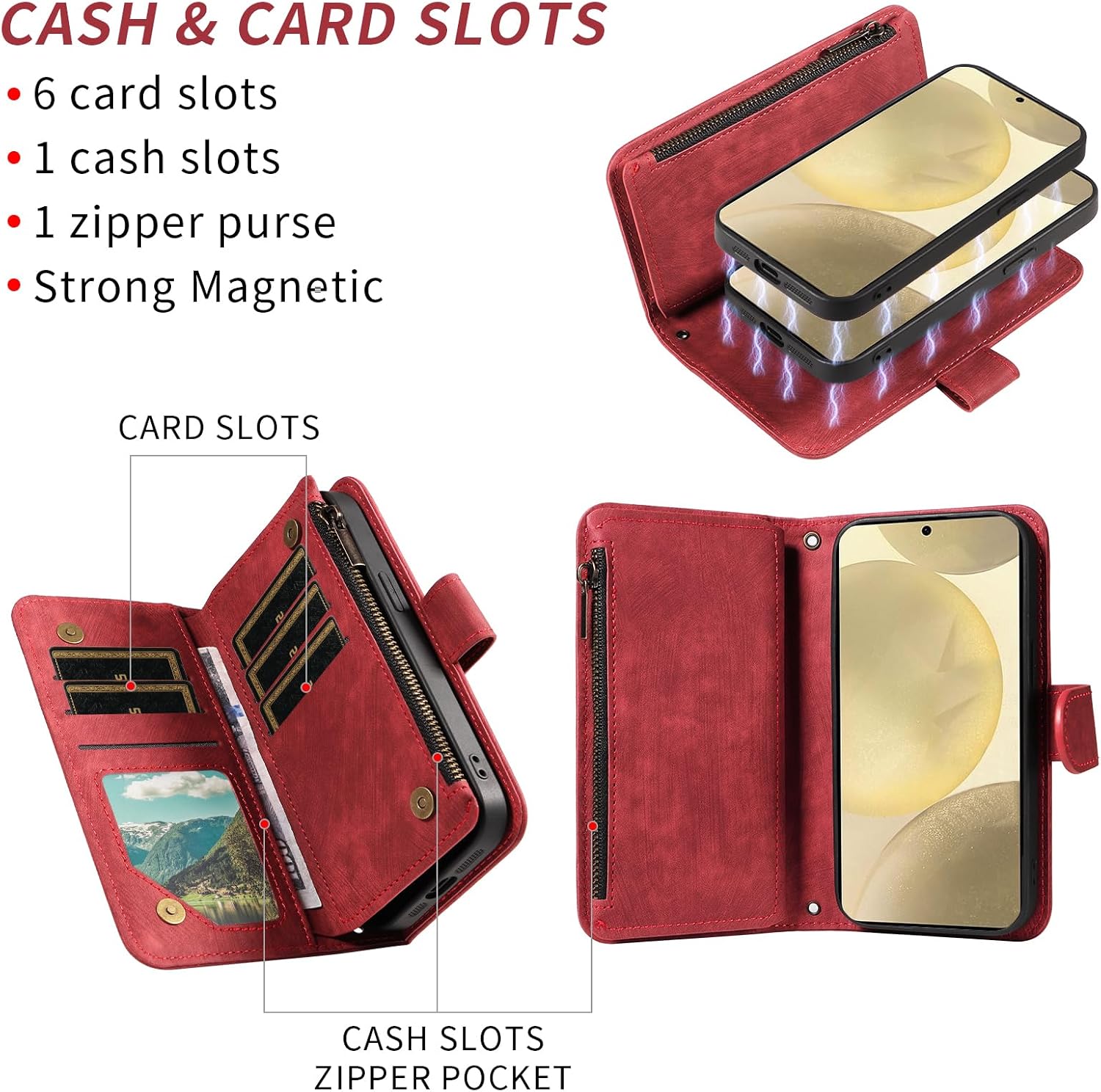 Phone Case for Samsung Galaxy S24/S25 5G Zipper Wallet Detachable Magnetic Cover with Tempered Glass Screen Protector Crossbody Lanyard Strap Flip Card Holder Slot S 24 24S 25 25S G5 Women Girls Red
