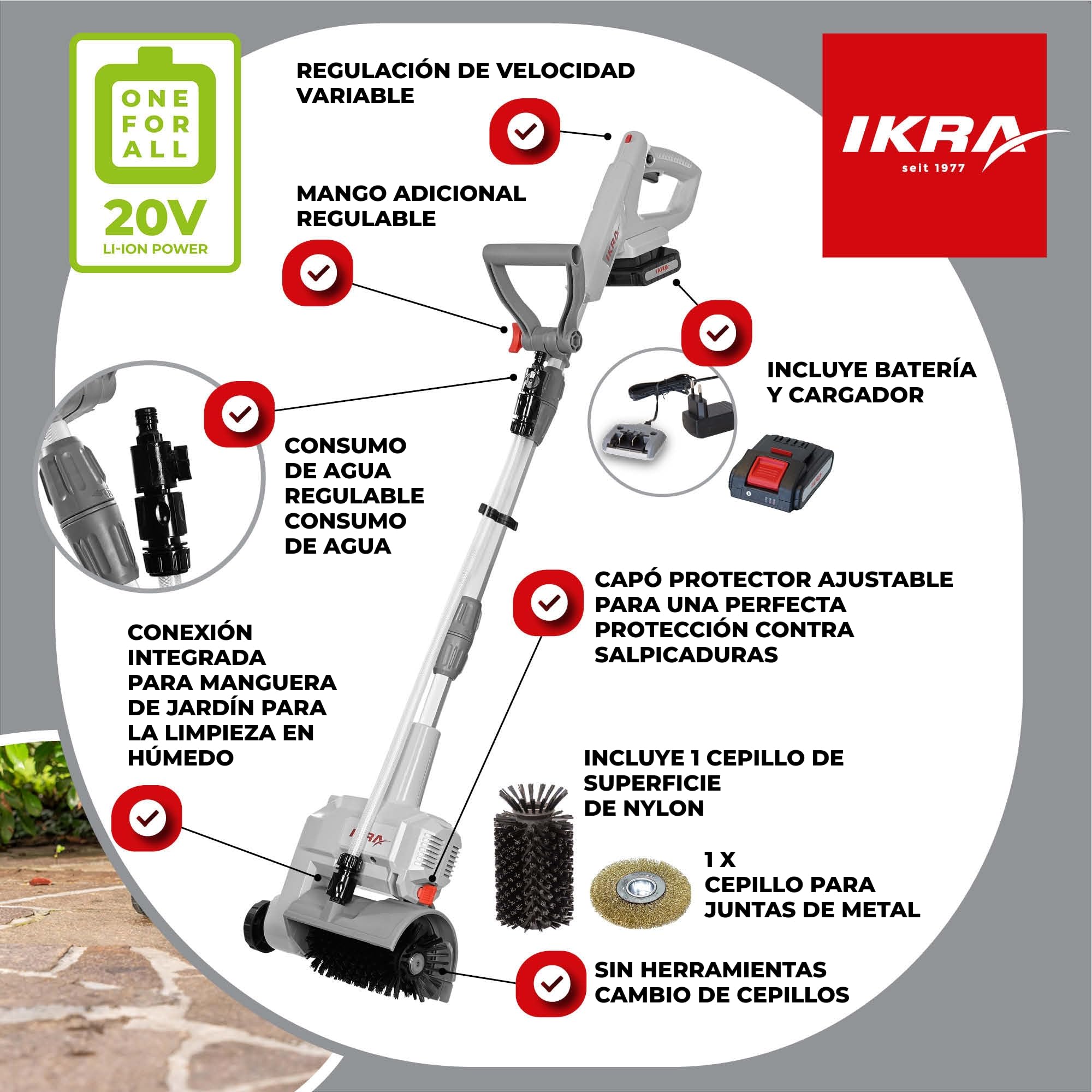 IKRA limpiador de superficies y juntas a batería Vario Brush IATR 20 | Incluye cepillo de nylon para superficies, cepillo de acero para juntas, incl. batería y cargador, gama de baterías de 20V