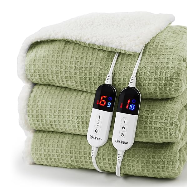 Heated Blanket Electric Blanket Queen Waffle, 84x90 Inches Dual Controllers Sherpa Fleece Fast Heating Blanket 6 Heating Levels & 10 Hours Auto Off ETL Certification, Sage Queen
