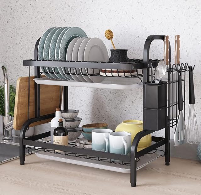 UMDONX Dish Drying Rack, Dish Rack 2 Tier Dish Drainer Rack With Drip Tray Compact Dish Drainer for Kitchen