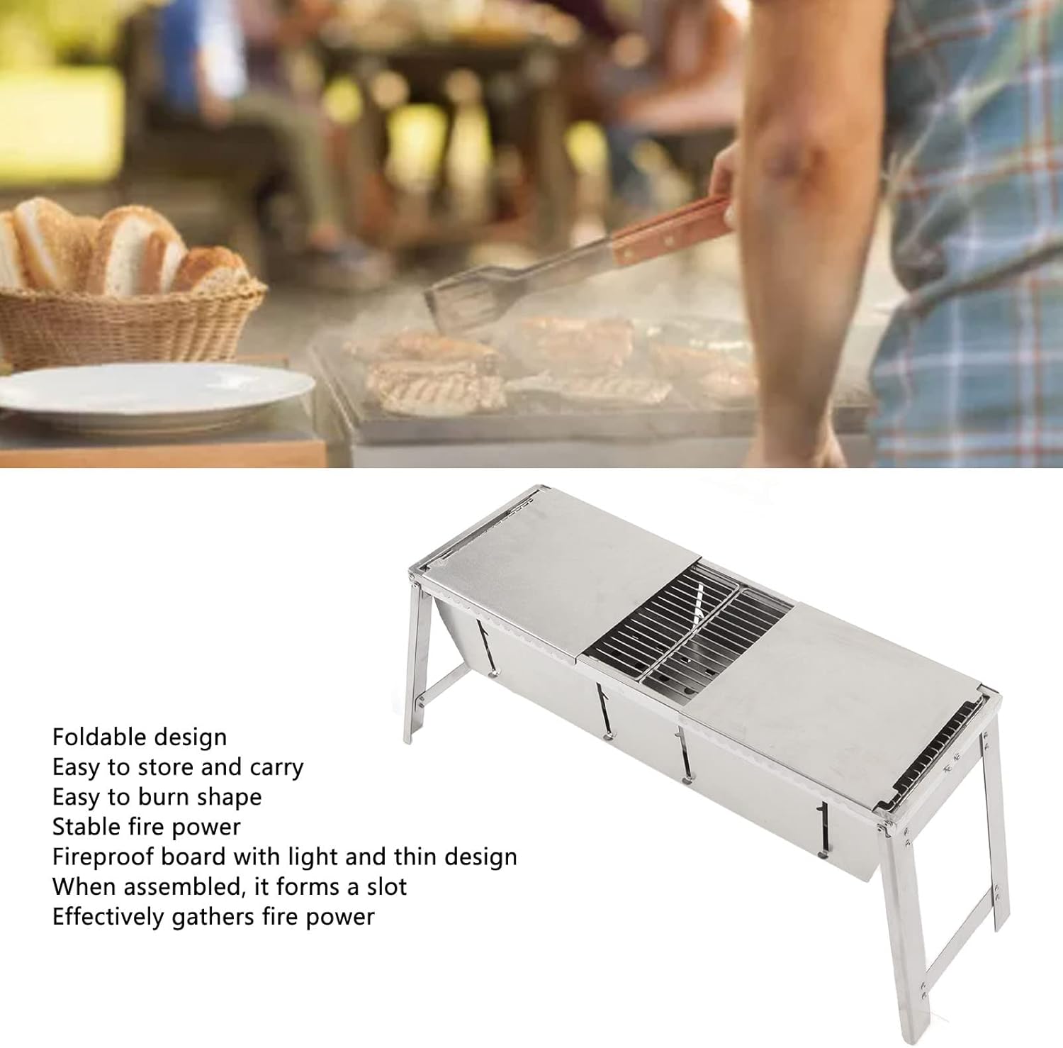 Wood Burning Camping Stove Rectangular Folding Stainless Steel Backpacking Stove with Grill Pan for Outdoor