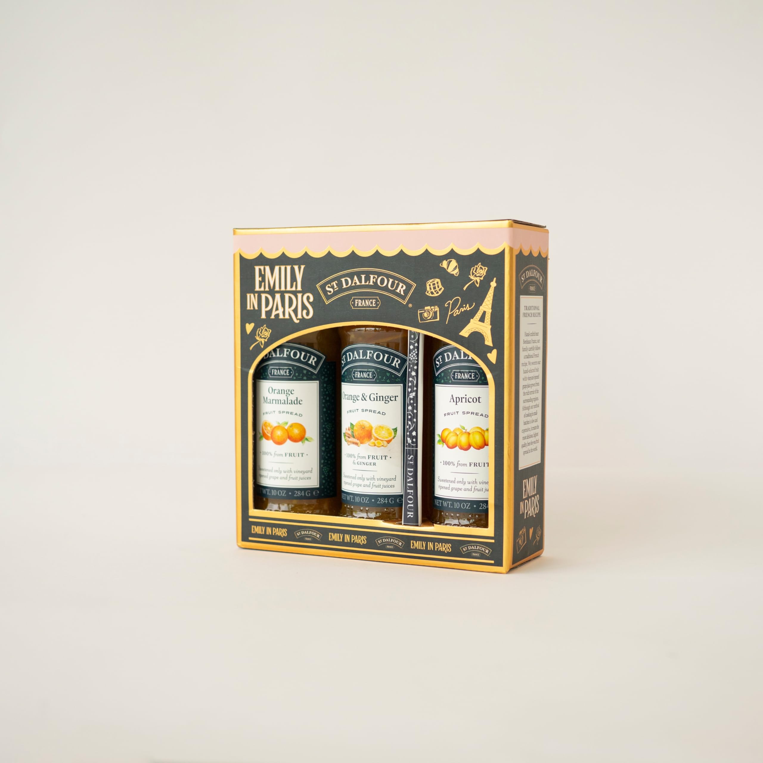 St. Dalfour Confezione Regalo – Edizione Emily in Paris – 100% frutta, senza zuccheri aggiunti, senza glutine – 3x284g (Fragola/Lampone/Ciliegie) (Arancia, Arancia-Zenzero, Albicocca) - 2