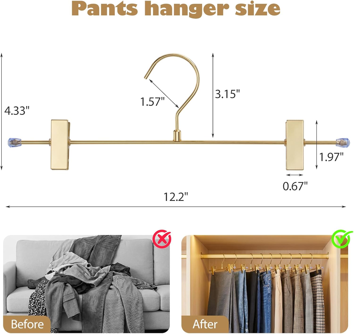Condition photo showing As Is for 16 pack pants hangers with clips, 12.2 inch slim metal clothes hangers with 360° swivel hooks, heavy duty space saving closet hangers for jeans, slacks, shorts, skirt (gold)