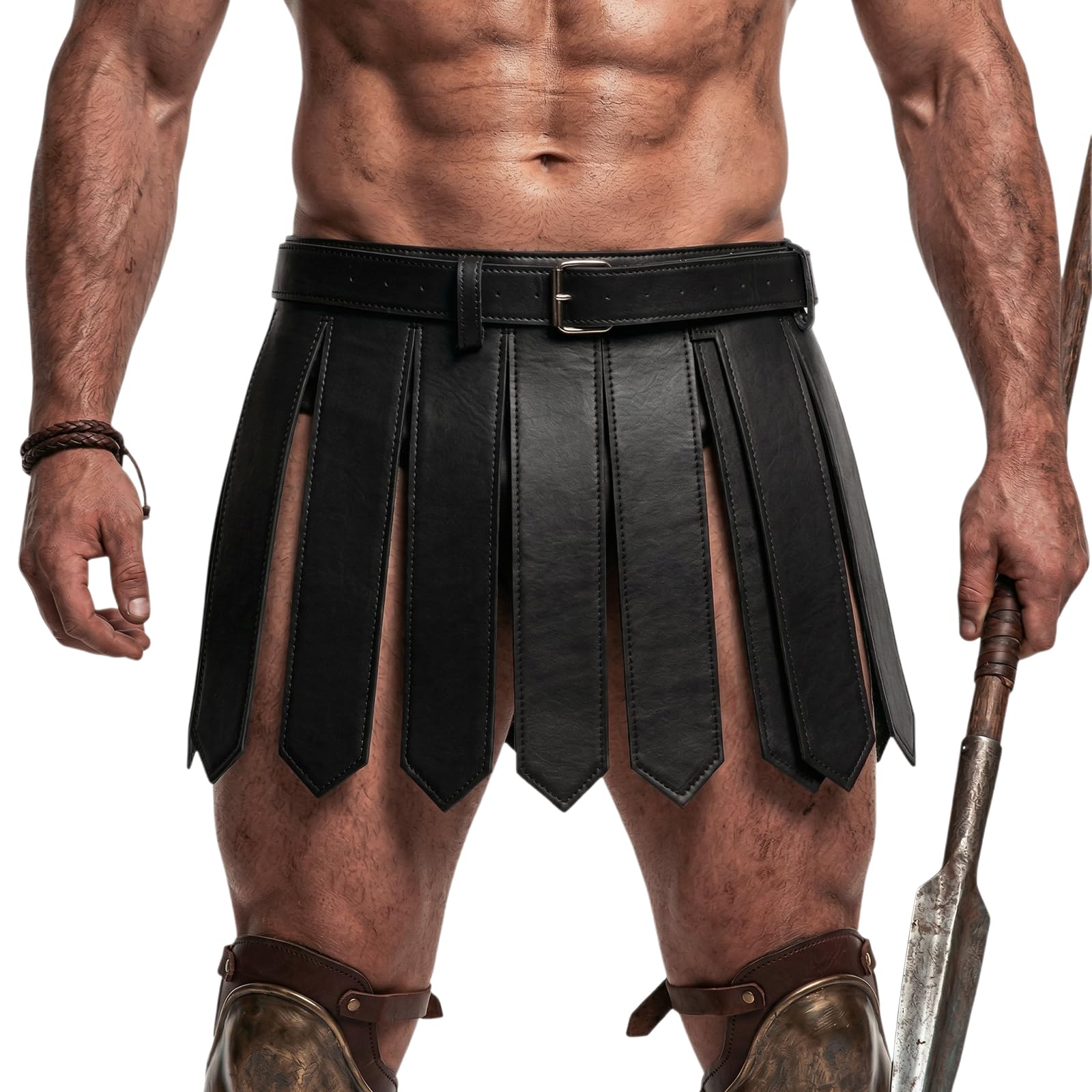 FakeFace Medieval Leather Armor Skirt for Men Warrior Roman Tassel Waist Belt with Adjustable Buckle Gothic Gladiator Tassel Skirt, Black