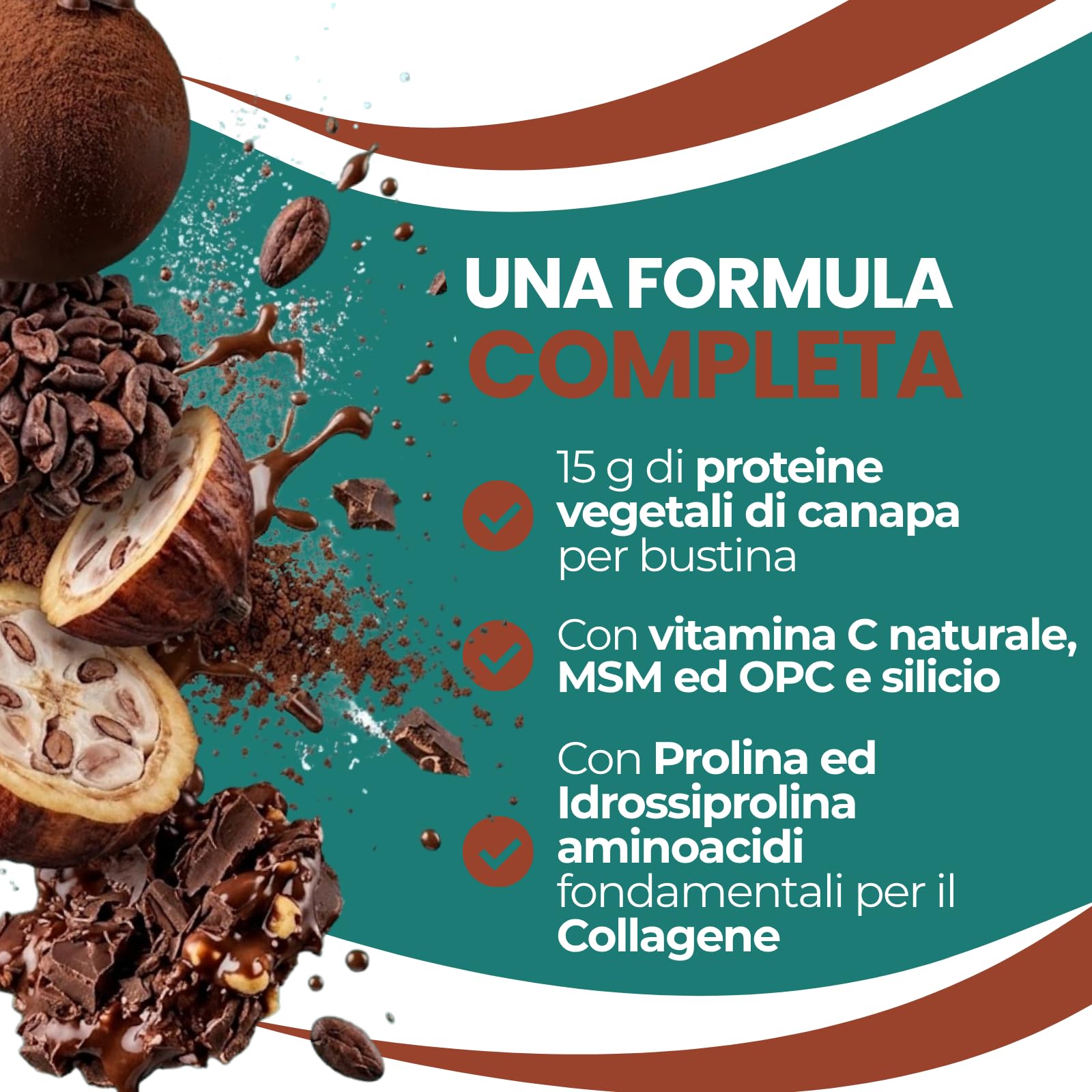 KIROS HEMPRO KOLLAGEN – Proteine Vegetali di Canapa - Gusto Cacao | Integratore con aggiunta di L-Prolina, L-Idrossiprolina, Vitamina C e MSM ed OPC – Vegan - 30 Bustine da 20g