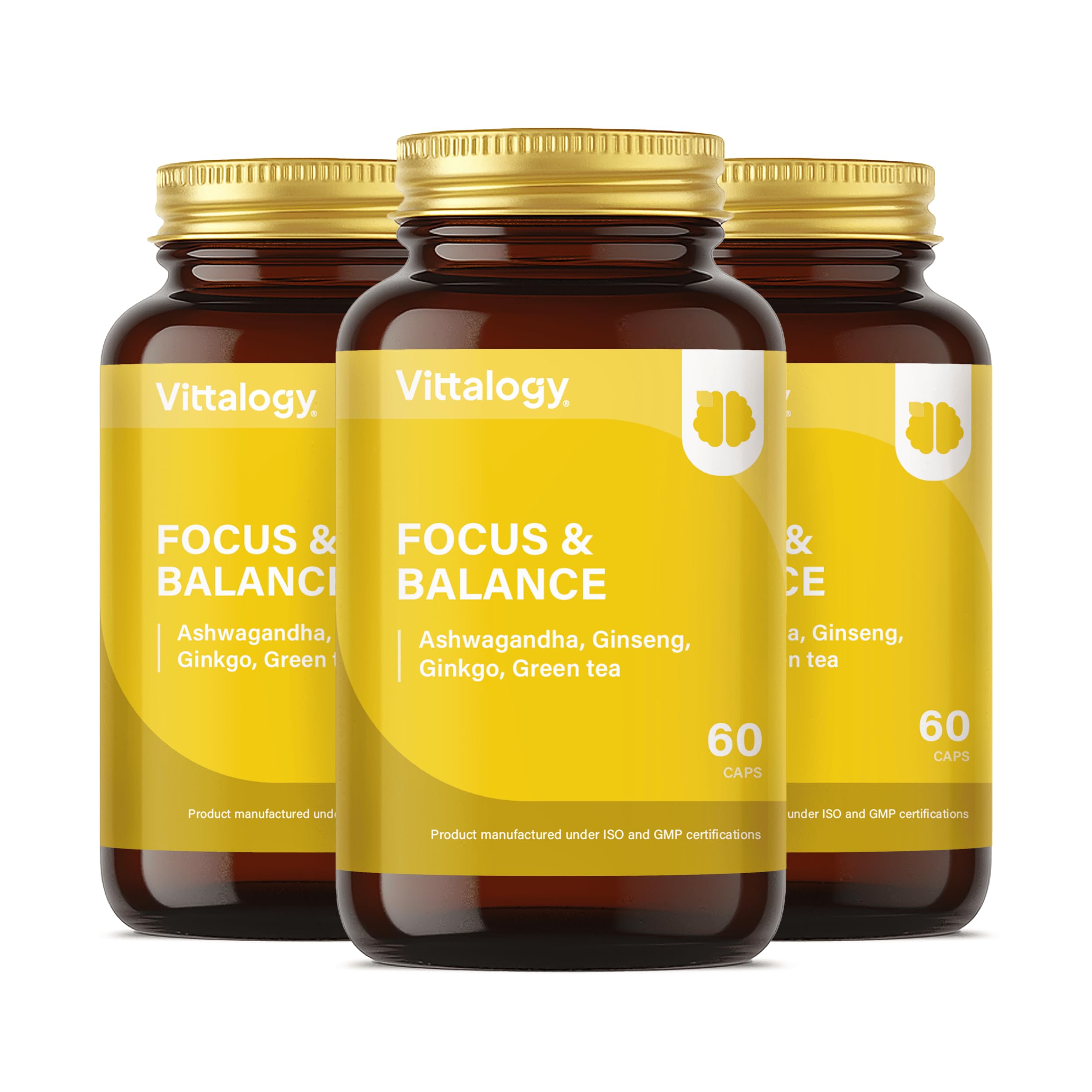Focus & Balance Complemento Alimenticio Nootrópico con Ashwagandha Sensoril® para Memoria y Concentración. Suplemento de Té Verde, Ginseng y Vitaminas B3, B5 y B1 para Estudiar. 180 Cápsulas