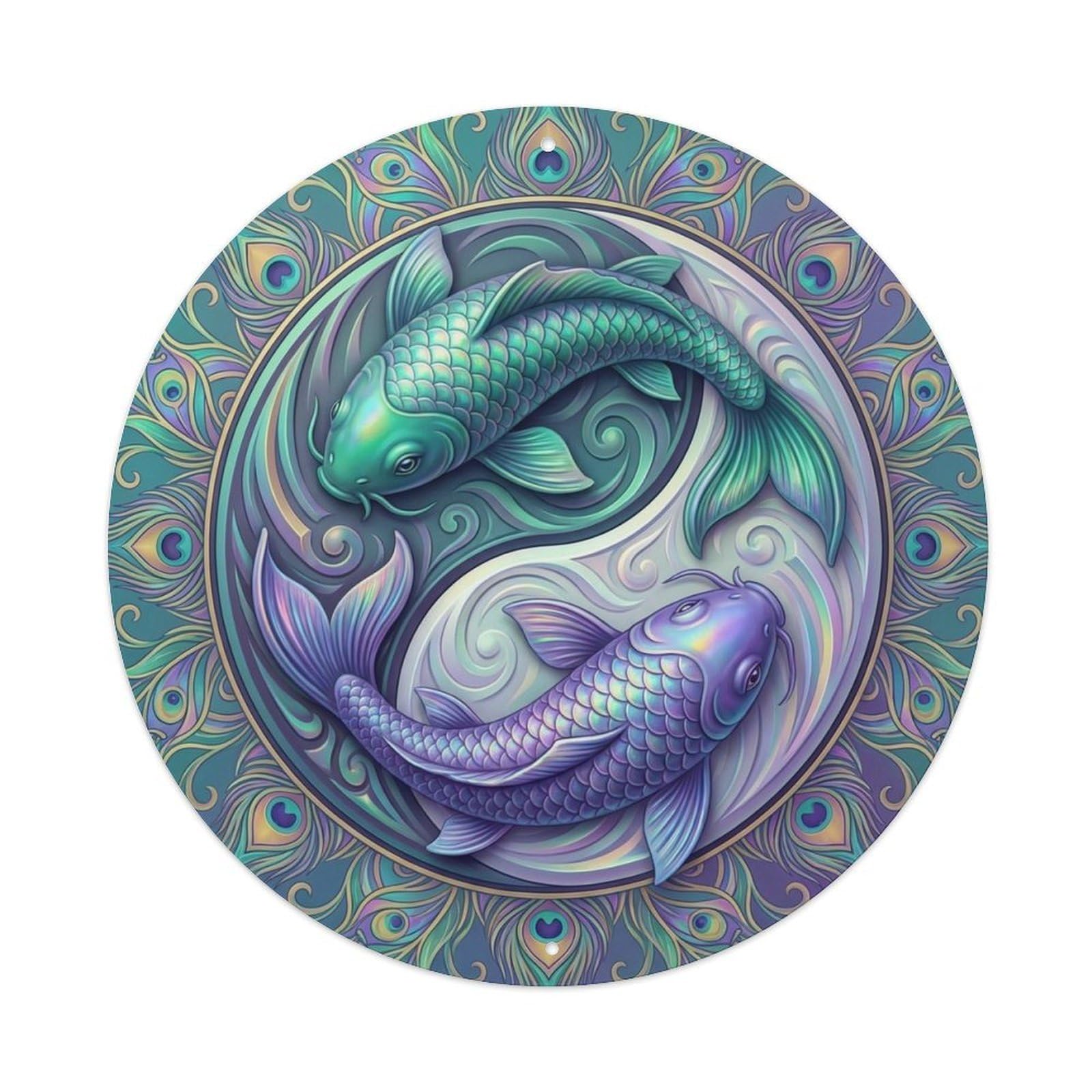 Olyhtr 8X8inch Classic Style Yin Yang Koi Energy Peacock Feather Classic Metal Tin Sign