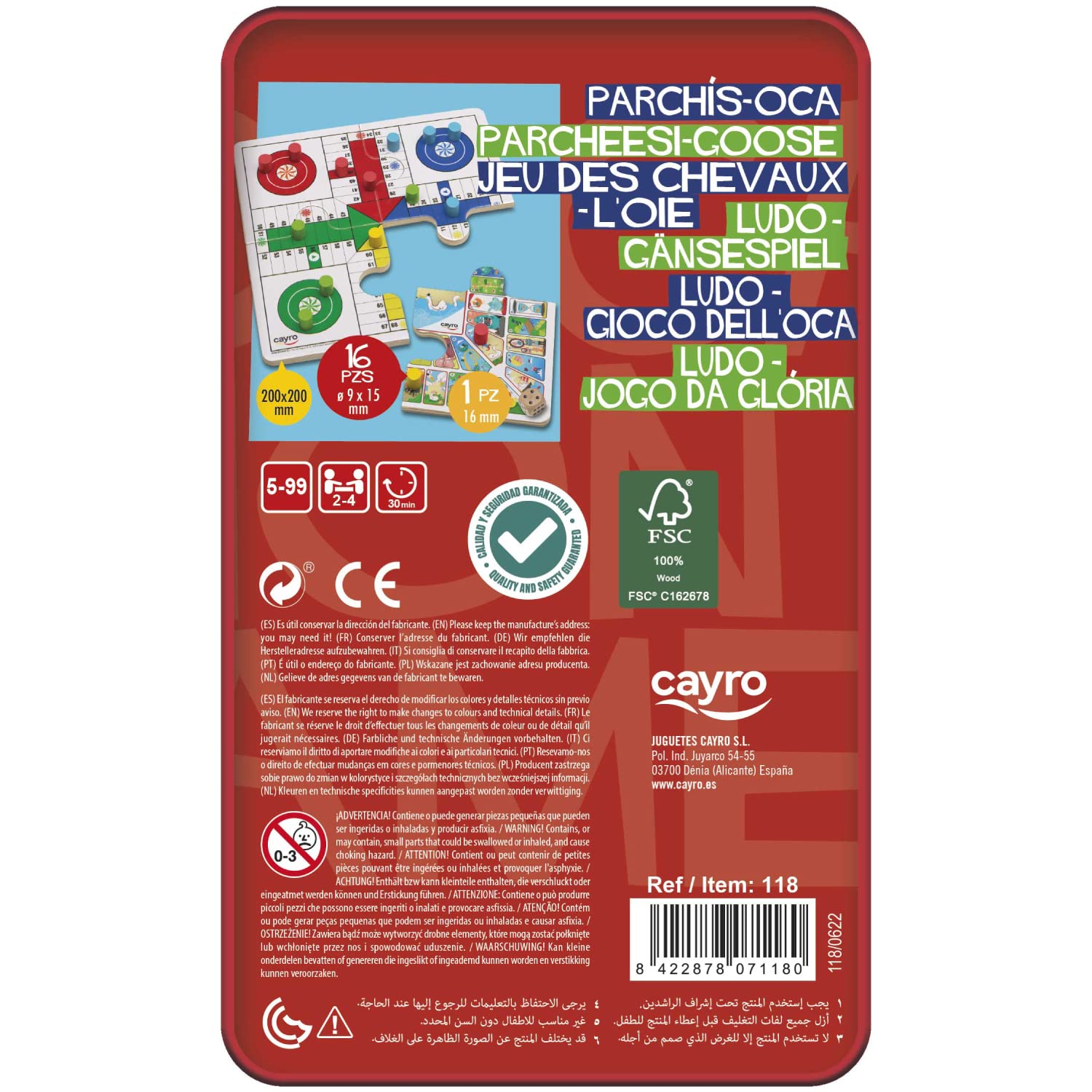 Cayro - Parchís y Oca - + 5 Años - Caja Metálica - Juego Divertido de Mesa para Niños y Adultos - Tablero, Cubiletes y Fichas de Madera - 2 a 4 Jugadores