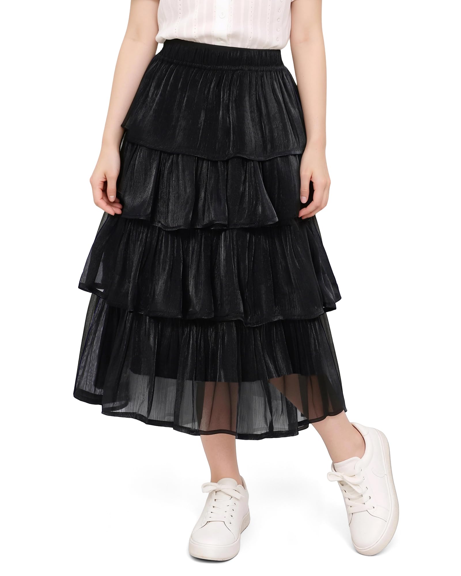 KAKU NANU Falda Midi Tul para Niñas con Acabado Brillante Efecto Perlado Cintura Alta y Volantes Tejido Antiarrugas Largo Modesto Ideal para Paseos, Parque y Picnic Tallas 5 a 14 Años Negro y Blanco